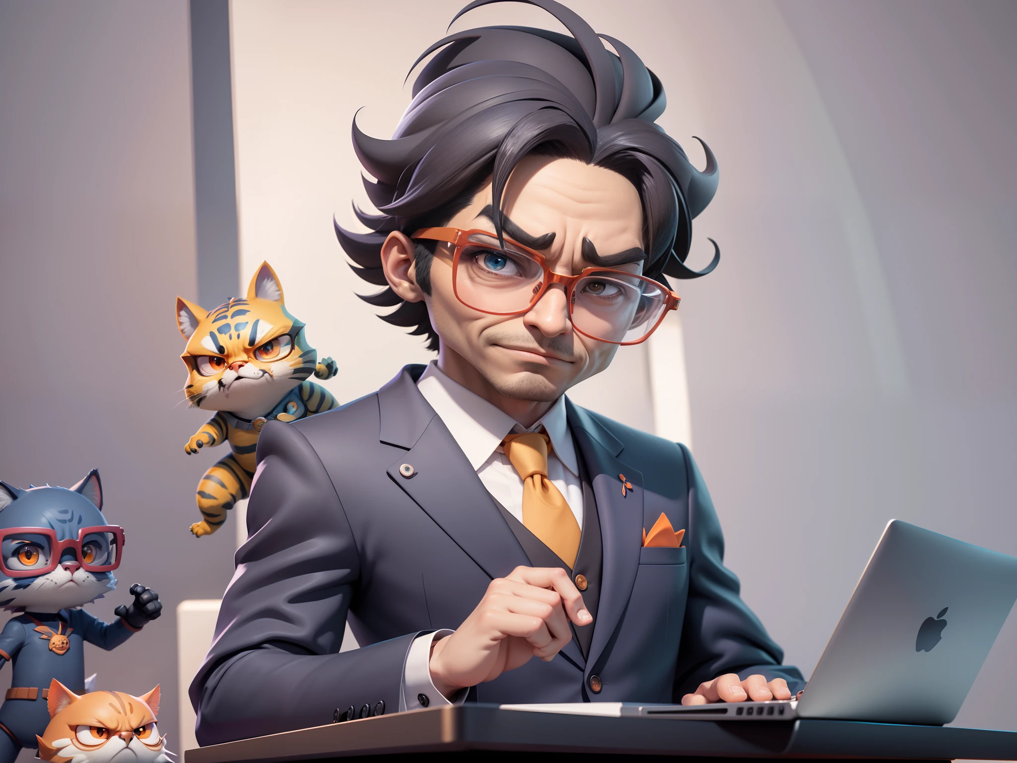 A young man in a suit, Short hair and glasses sat at his desk，holding laptop，digitial painting，tigre，3D character design by Mark Clairen and Pixar and Hayao Miyazaki and Akira Toriyama，4K HD illustration，Very detailed facial features and cartoon-style visuals。