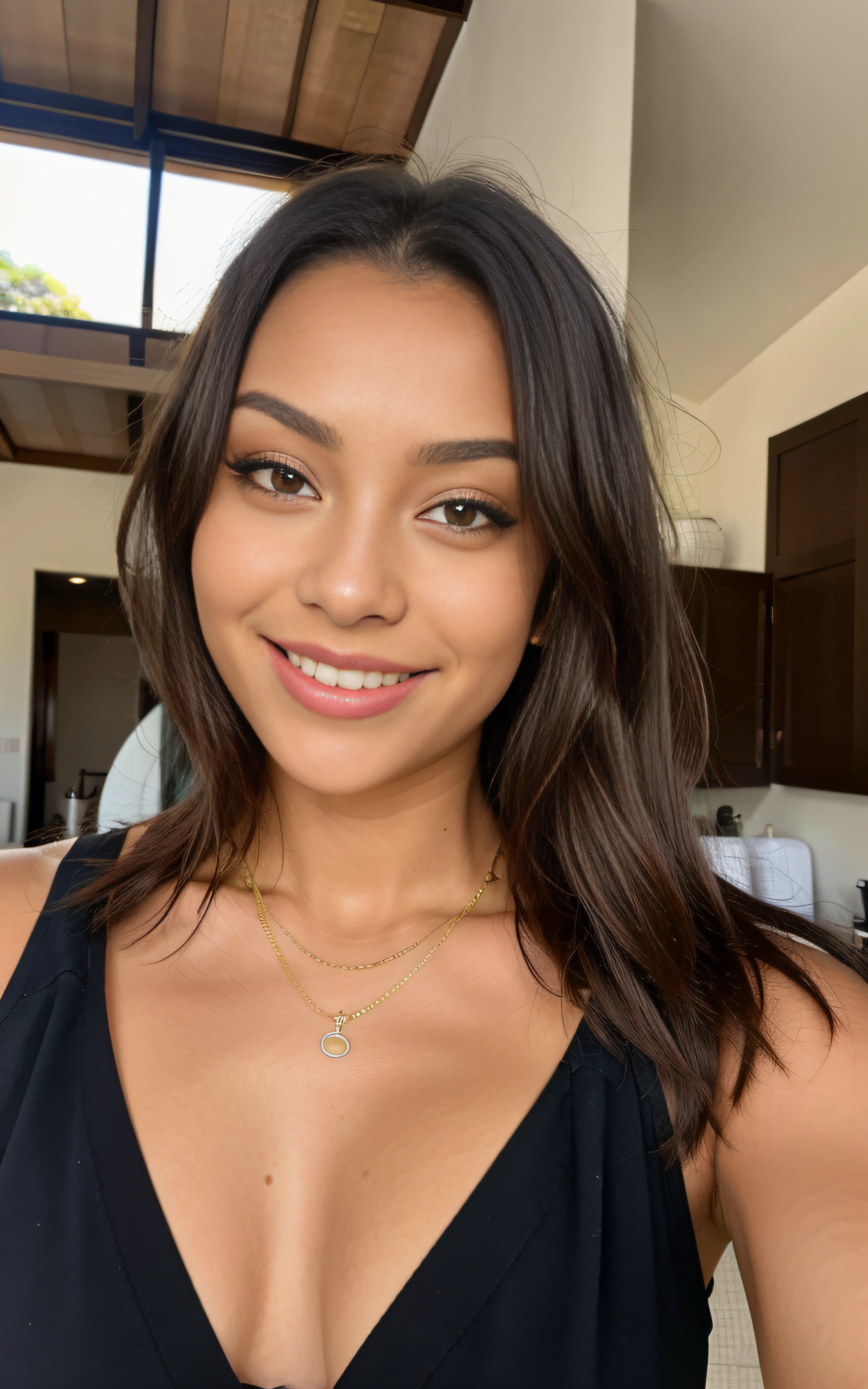 1 mulher, cabelo comprido encaracolado, cabelo cacheado, sorriso, pele morena, olhos castanhos, jantar com amigas