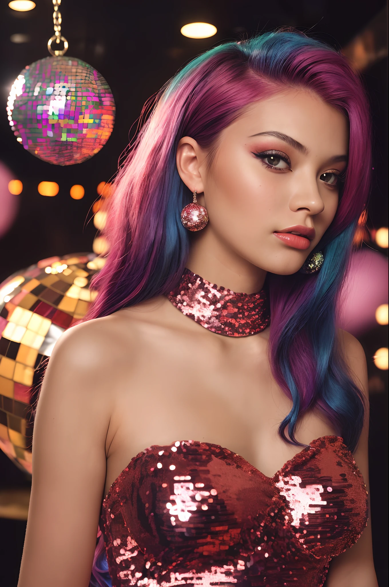 (a closeup of a, Editorial photo of a 21-year-old woman with colored hair), (Highly detailed face:1.4)(Fashionable haircut)(Dolce sequin sequin evening dress&gabana) (Smile:0.7) (The background inside is a luxury, Elite nightclub, Neon, Disco Ball, private study:1.3) ass pov, Nikon D850, film stock photograph ,4 Kodak Portra 400 ,camera f1.6 lens ,saturated colors ,hyper realistic ,lifelike texture, dramatic lighting , Cinestill 800,