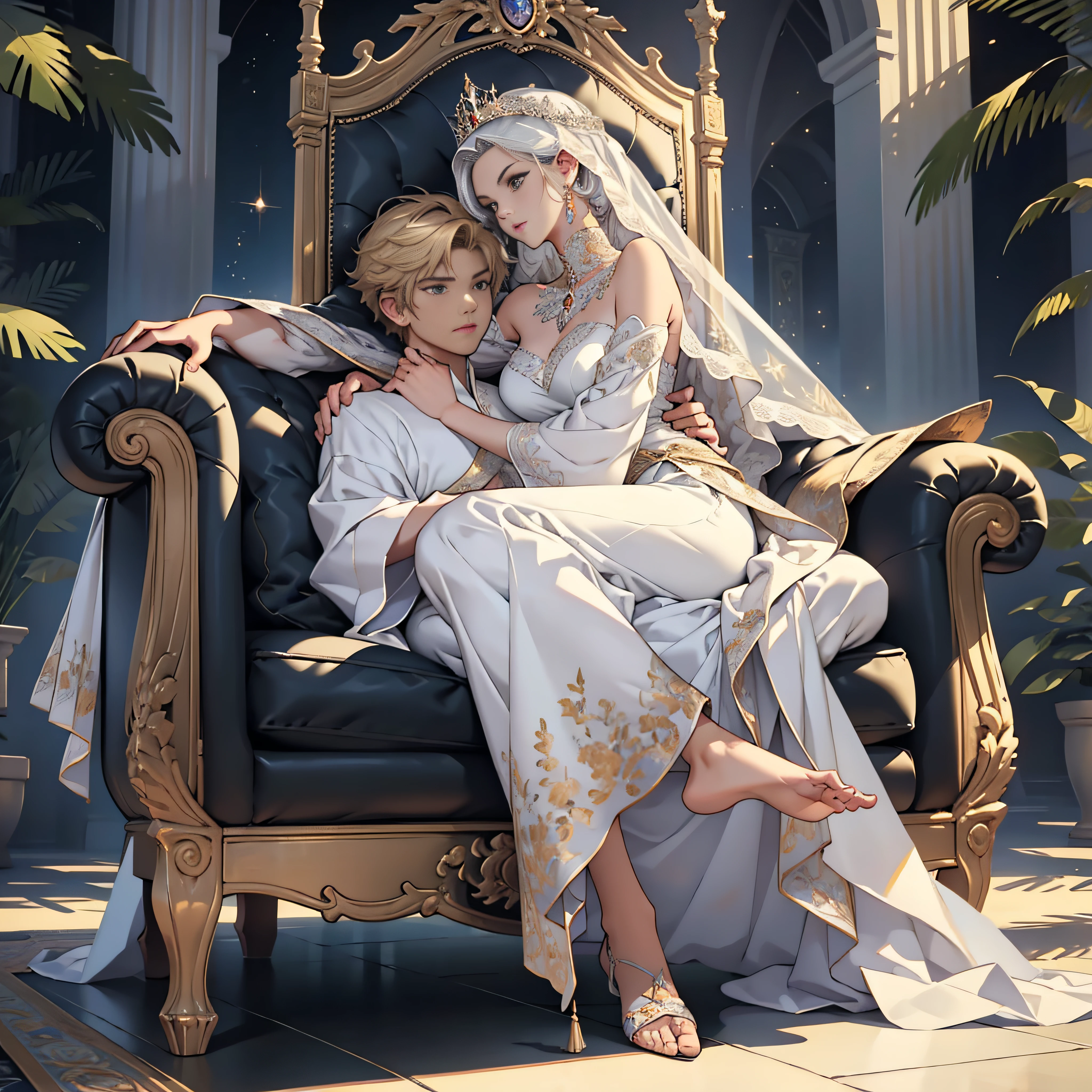 (((full body Esbian:1.3)))、(Master Parts, Best Quality, alto, ultra-detailliert), 详细的脸, A detailed eye, detailedskin, depth of fields, lightweighthigh-quality、((low angles:1.2))、Close up portrait of a person with a woman in a dress, Man lifting female off the ground, Woman with her feet off the ground, Strong Man ,Long Shot Photography、Glamour Shot、Front or Back、(full body1.15)、1womanl、Adults、fully body photo、bionde、Sitting on the side、with extremely beautiful facial features、robe blanche、Hairpin on the head、perfect hand、Soft light、ornate、looking at the viewers、White long dress、ren、femele、A queen、leggy、robe blanche、Beautiful veil、Pedras preciosas、ornamented、embroideries、florals、Georgia、relax、the emperor、White Long Dress Clothes、beautiful fantasy queen、Lie down on a sofa、、Strapless、Shoulder out、Attractive and sexy、Princess Hug、backs、Revealing clothing、, hight resolution、Sleeveless,,Land of Gems,(The artwork, Best Quality) Close up portrait of a person with a woman in a decorative dress, Man lifting female off the ground, Woman with her feet off the ground, Strong Man , Is sitting on the throne、Man holding female hand、