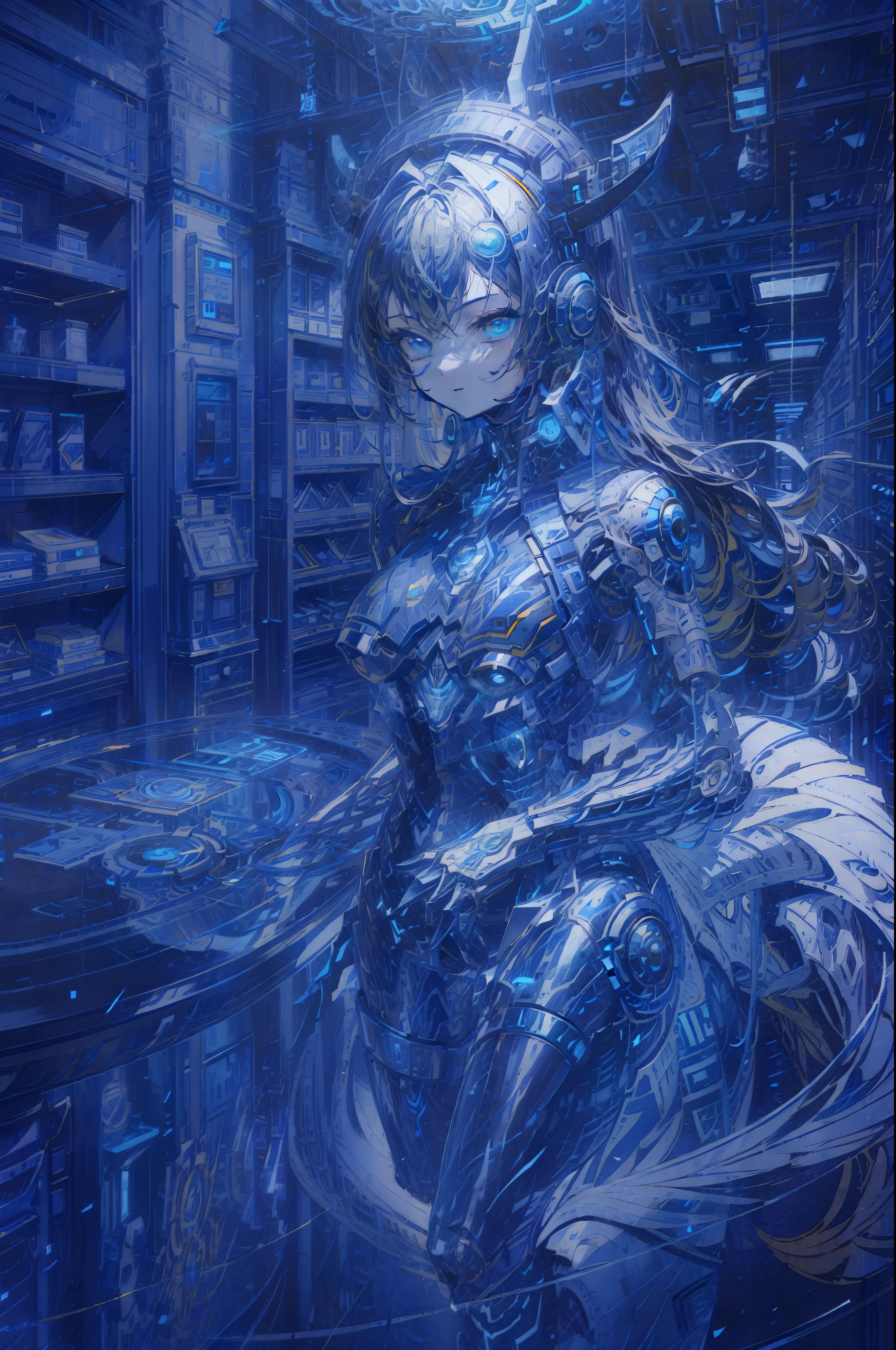 masterpiece、Near future、super elaborate、top-quality、ultra-detailliert、very detailed illustration、ighly detailed、intricate-detail、hight resolution、super complex details、Highly detailed 8k CG wallpapers、Caustics、Reflectors、Ray traching、1girl in:1.4)、独奏、Alone、(Blue_theme:1.3)、(greys_theme:1.3)、(mecha musume(Blue_theme:1.6)、mecha musume(blanche_theme:1.1)、mecha musume、machine components、Robot Joint、echanical arms、mechanical legs、head gear、Complex mechanical bodysuit、Mechanical Energy Wing、Electromechanical parts、Cyber Parts、robotics、Energy Rifle(Mechanical sniper rifle)、)、Very long hair、Black and blue hair(Black and blue long)、 The eye((One blue eye、One-sided yellow eye、)(radiant eyes、)(Eye trajectory、))random facial expression、TOKYOcty(Shibuya)、城市、Night time、((Neon light、Blue Neon Light))、(细致背景、(Blue_theme:1.3)、(greys_theme:1.1)、futuristic cities)、(masterpiece))、absurderes、nffsw、(Classic Headshot Pose)、cyberpunkcity、masterpiece、hight resolution、