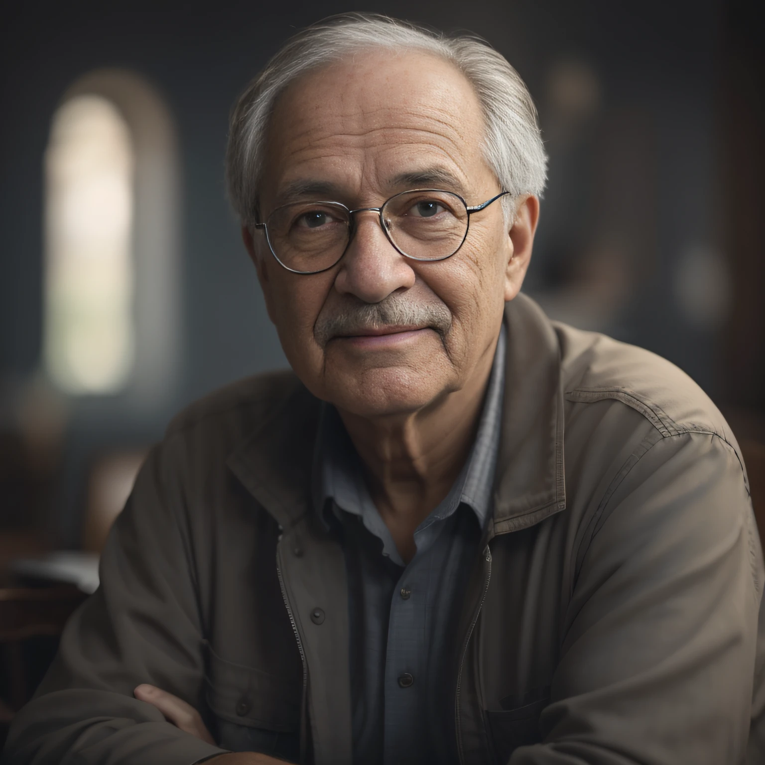 Older man with glasses sitting at a table in a dark room, retrato de alta qualidade, foto retrato realista, Cinematic realistic portrait, foto do retrato de um homem velho, cinematic portrayal, 8k portrait render, Retrato 4k, retrato fotografia realista, foto retrato suave 8 k, foto de retrato de pintura fosca, Paulo Barson, 3d render senior artist, retrato do homem velho