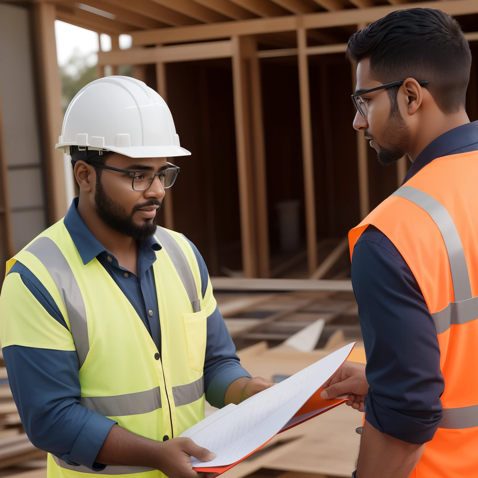 Um homem carregando tijolos em um andaime alto, com um fundo de canteiro de obras e pontes ao fundo.
A worker with a clipboard, running a specific project while talking to a colleague about the details of the construction.