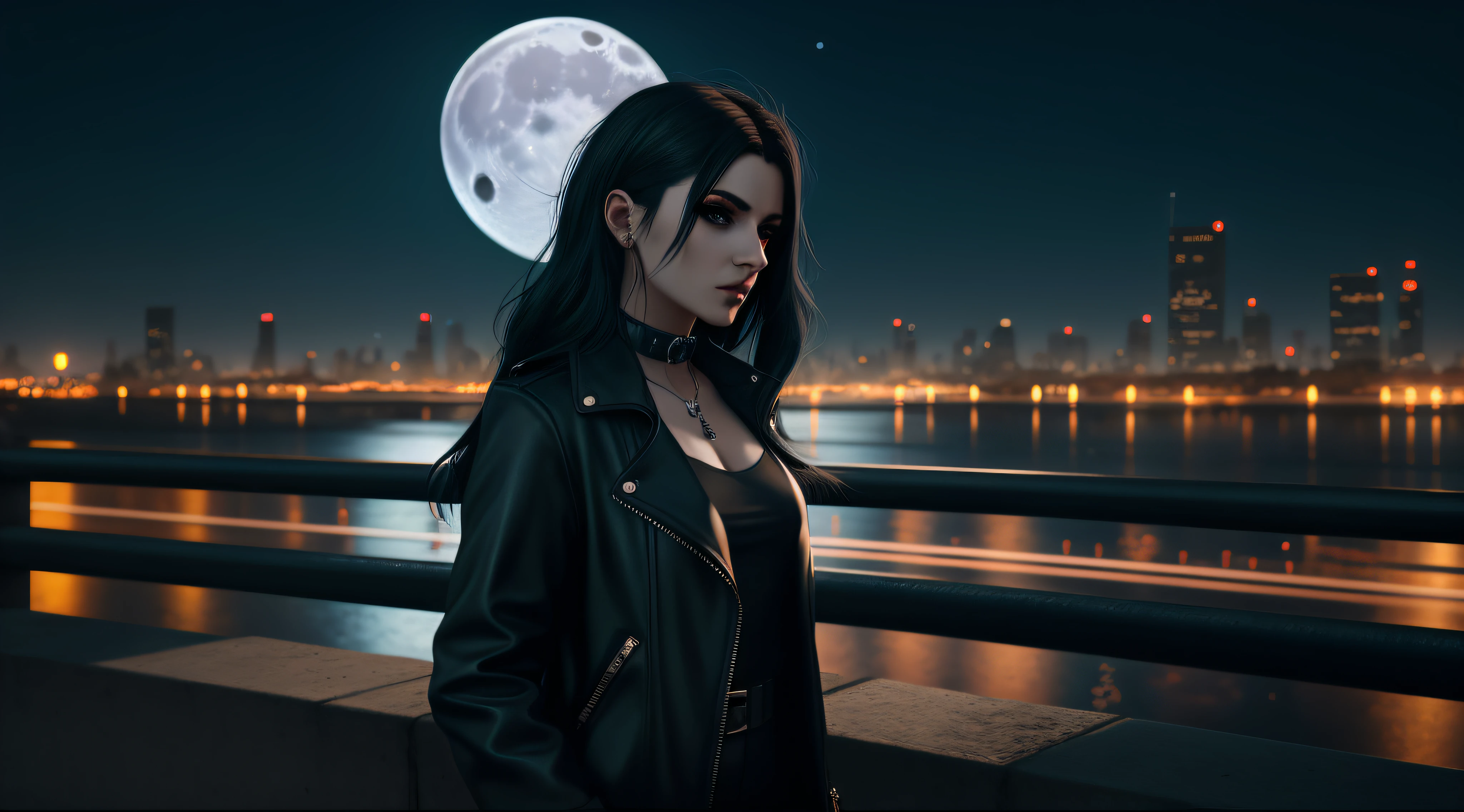 there is a woman standing on a bridge with a full moon in the background, urban fantasy style, seductive cyberpunk dark fantasy, jet black haired cyberpunk girl, dreamy cyberpunk girl, gothic city streets behind her, beautiful cyberpunk woman model, female cyberpunk anime girl, cyberpunk beautiful girl, stylized urban fantasy artwork, the cyberpunk girl portrait, the moon behind her, urban fantasy