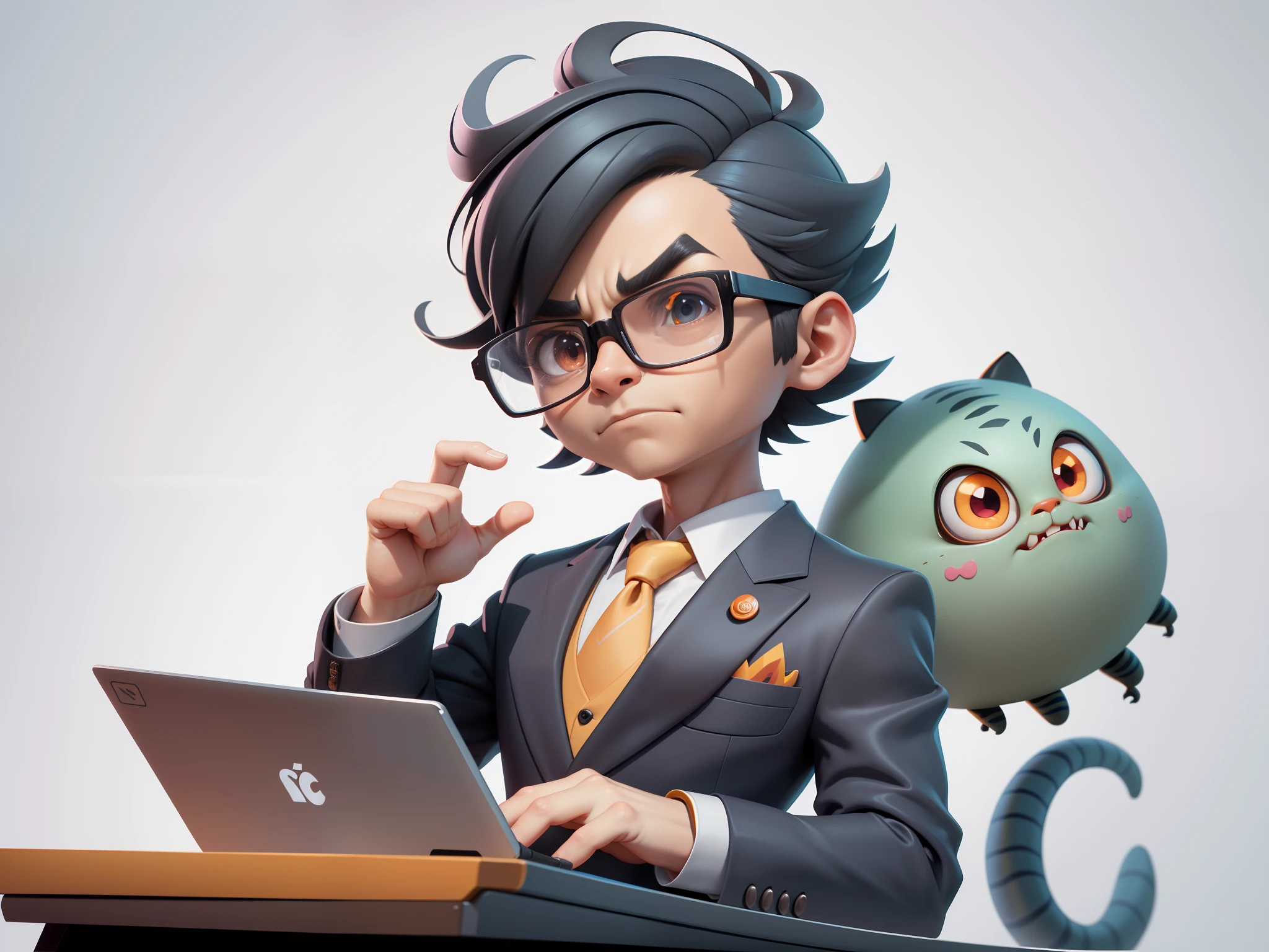A young man in a suit, Short hair and glasses sat at his desk,holding laptop,digitial painting,tigre,3D character design by Mark Clairen and Pixar and Hayao Miyazaki and Akira Toriyama,4K HD illustration,Very detailed facial features and cartoon-style visuals。