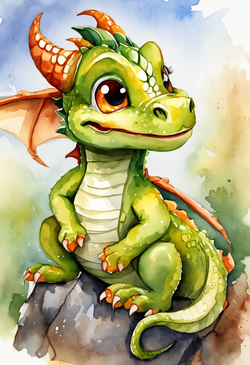 1 cute little dragon, cartoon, watercolor, white background