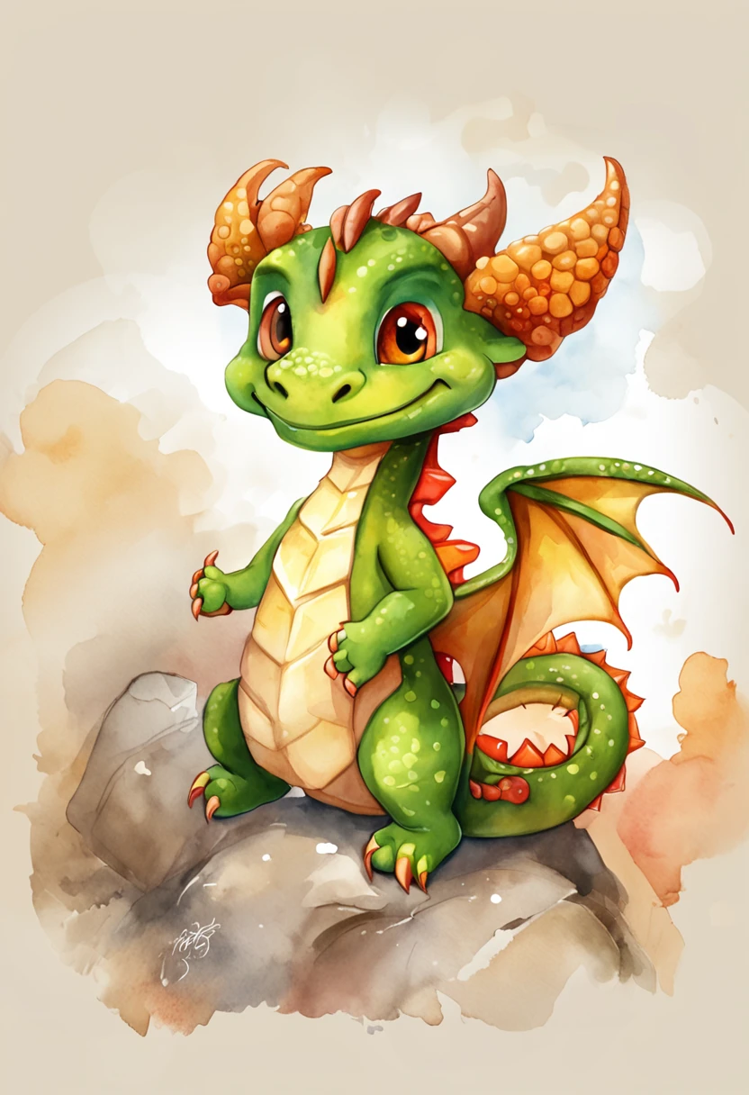 1 cute little dragon, cartoon, watercolor, white background