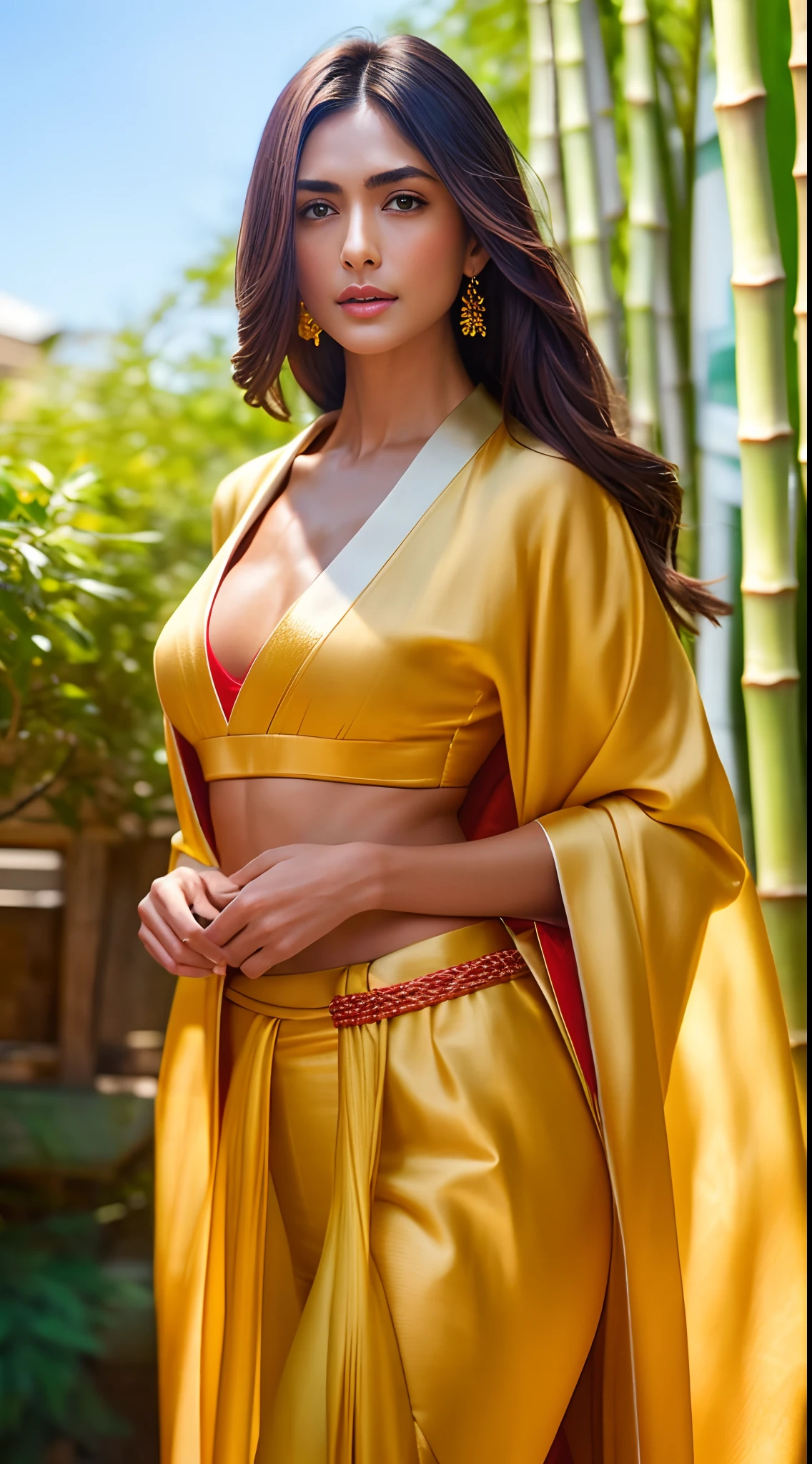 (Mrunalt) Hyper realistic super detailed sexy 24-year-old full-length woman (with large breasts), cup size E, trending on cgstation, (in a long silk robe with Japanese motifs, taut clothes, frank, fits the body, fits the chest), a confident girl, The photo was taken from the front, from the top corner, facing the photographer, Foreground photo , (Looking Ahead), NSFW, (frontal view, facing the photographer, (the pose, standingn, A street in Japan, bamboo grove)), ( Coiling hair),  Very detailed, sexy facial expressions, seductive facial expressions, [:(face detail: 1.4): 0.4], 16K resolution, 4k resolution, dinamic lighting, high-definition resolution, (sexy pose, seductive position), (elongated chest,: 1.7), (slimness: 1.2), (Narrow waist: 1.6), (Slim legs: 1.4), (hyper realisitc: 1.4), (back light: 1.2), (Sunlight: 1), (full height: 1.8), (pectoral muscles: 1.3), (contrasting background: 1.5), (Hyper-Realistic Arm Anatomy), (Hyper-Realistic Leg Anatomy), (Clean skin), (Veins Not Visible: 1.5), (Cinematic lighting: 1.7), (Intimate), (NVIDIA RTX Ray Tracing Technology), (Hyper-Realistic Arm Anatomy: 2), (Perfect flat stomach), (Color Image), 8mm Film Grain, Shot on Sony A9 II, 85 mm lens, f/1.8 Aperture, Deep Focus (10-bit RAW), The file weighs a lot, (CGI Art:1.3)