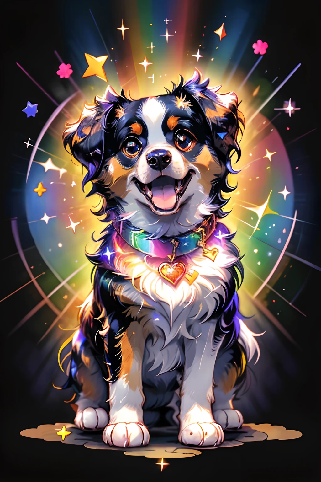 Niji Pride, solo, smile, open mouth, heart, star (symbol), collar, no humans, sparkle, fangs, looking up, spaniel, animal focus, sparkling eyes,