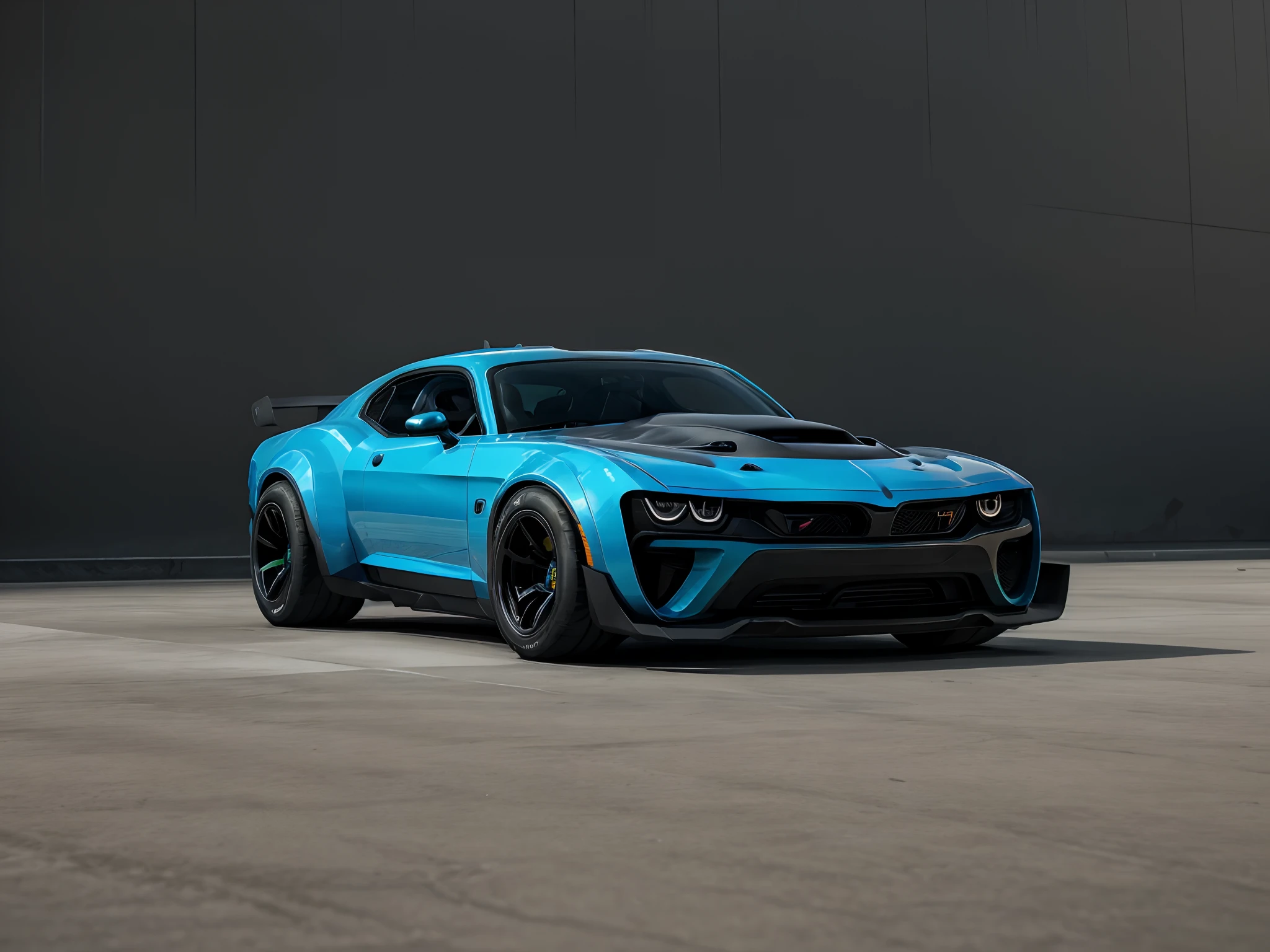 a 3/4 front view of ((futuristic hellcat)) (with glowing tires),rgb, at the parking lot, badass car