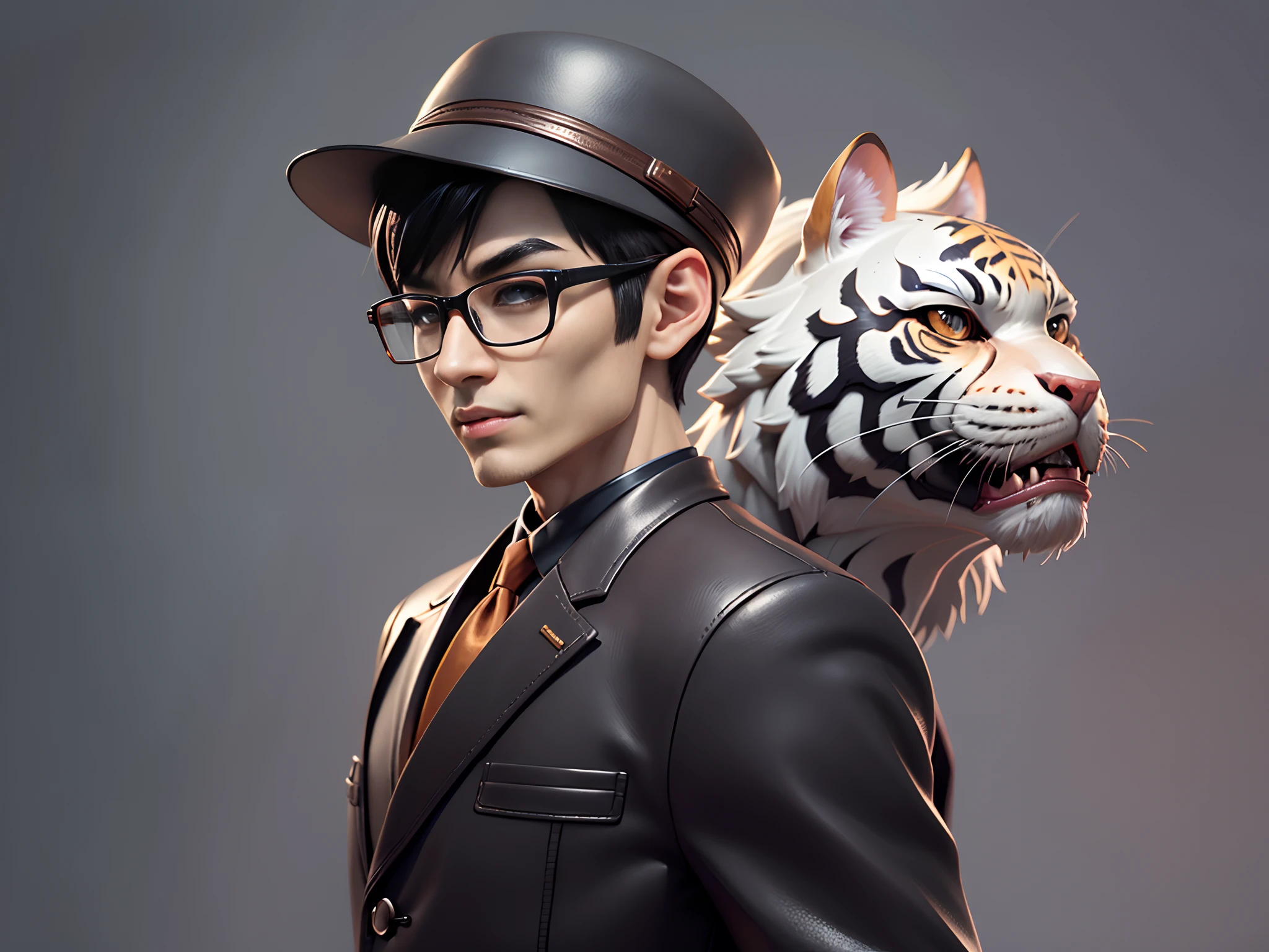 Young man with oriental face in leather hat, tiger, oriental face in formal suit, short black hair, silver glasses, digital painting, 3D character design by Mark Clairedon and Pixar and Hayao Miyazaki and Akira Toriyama, the illustration is a high-definition illustration in 4K resolution with very detailed facial features and cartoon-style visuals.