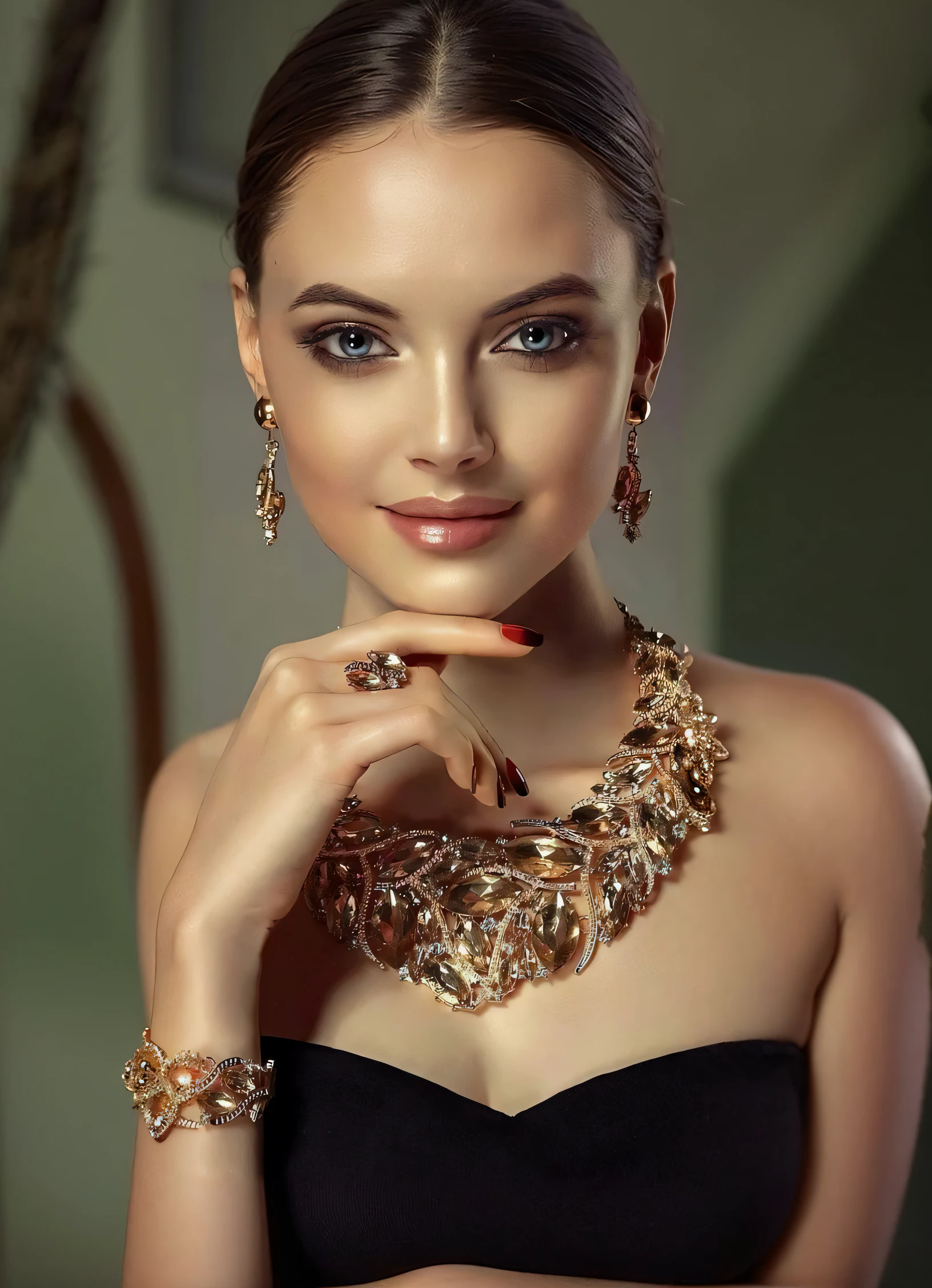 um close up de uma mulher usando um colar e brincos, vestindo joias elegantes, usando joias de ouro, Joias de Ouro e Prata, joias de ouro, Golden jewelry, joias de ouro, photo of a hand jewellery model, coberto de joias, joias de ouro, joias elegantes e reluzentes, usando joias, joias ornamentadas de ouro, Ouro Jewerly, adornado com pedras preciosas