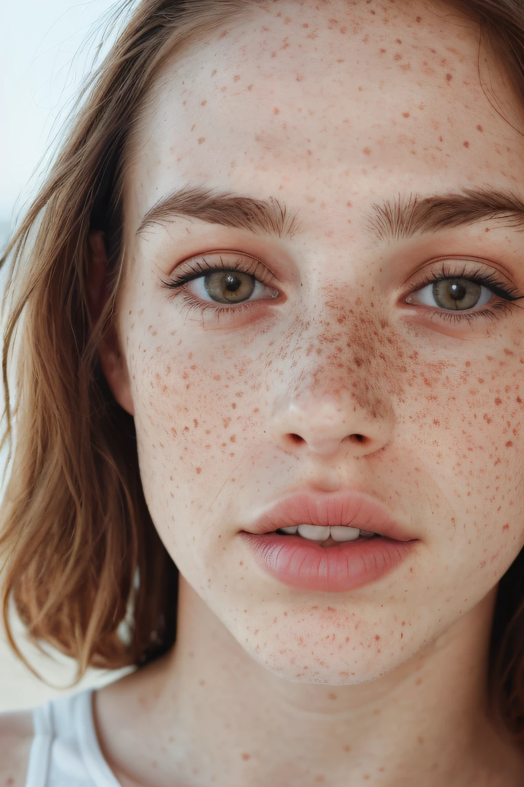 Portrait of a woman with freckles on her face and a white tank top, white freckles, freckles face, pale freckled skin, freckles, alessio albi, elegant freckles, soft freckles, with freckles, freckles, close-up close-up portrait close-up, light freckles, freckles, sparse freckles