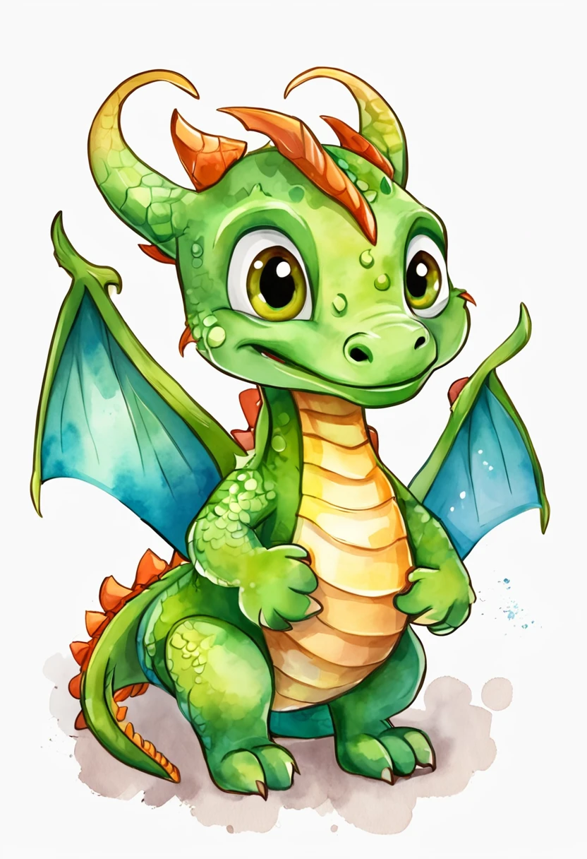 (cute little European Dragon:1.5),character design, sticker design, (cartoon:1.3),(chibi:1.2),(pixar style:1.2),(cute expression:1.1),(big eyes:1.1),(watercolor:1.1),(separated from white background:1.1)