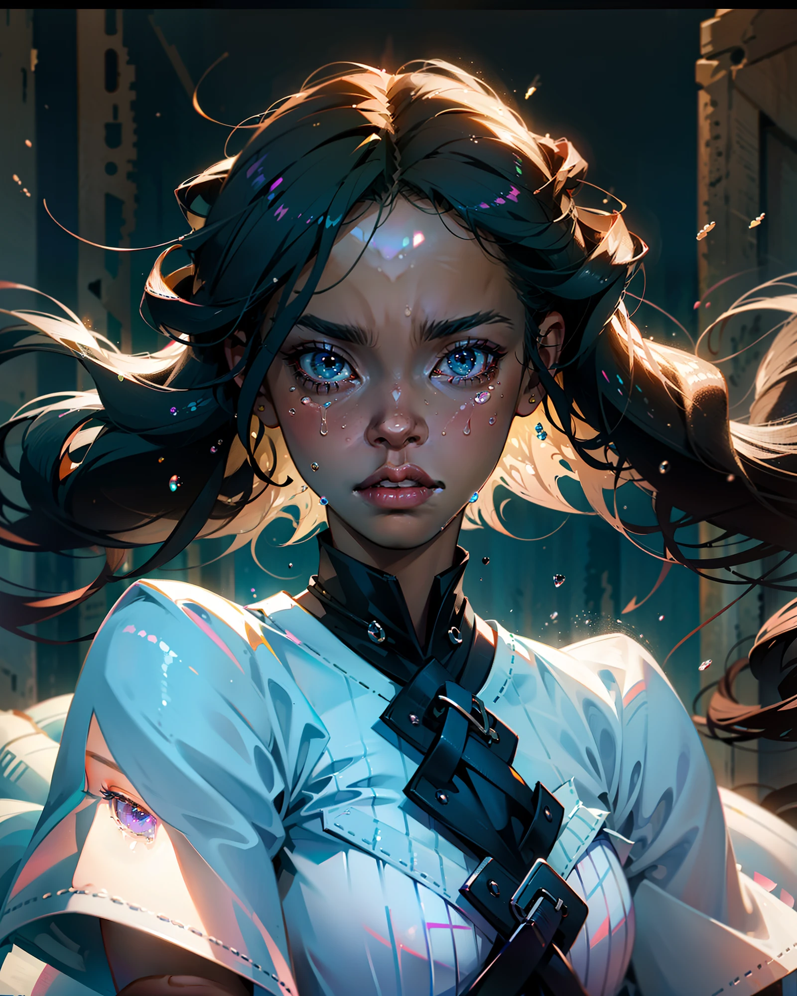 {Hyper realistic} {Real vision} "Sad, crying, African American girl, facial closeup, tears streaming down her face, dramatic scene, emotional, dramatic bright bloom lighting, showing pain in a visual masterpiece"|| ((Best quality)), ((masterpiece)), ((emotional))
