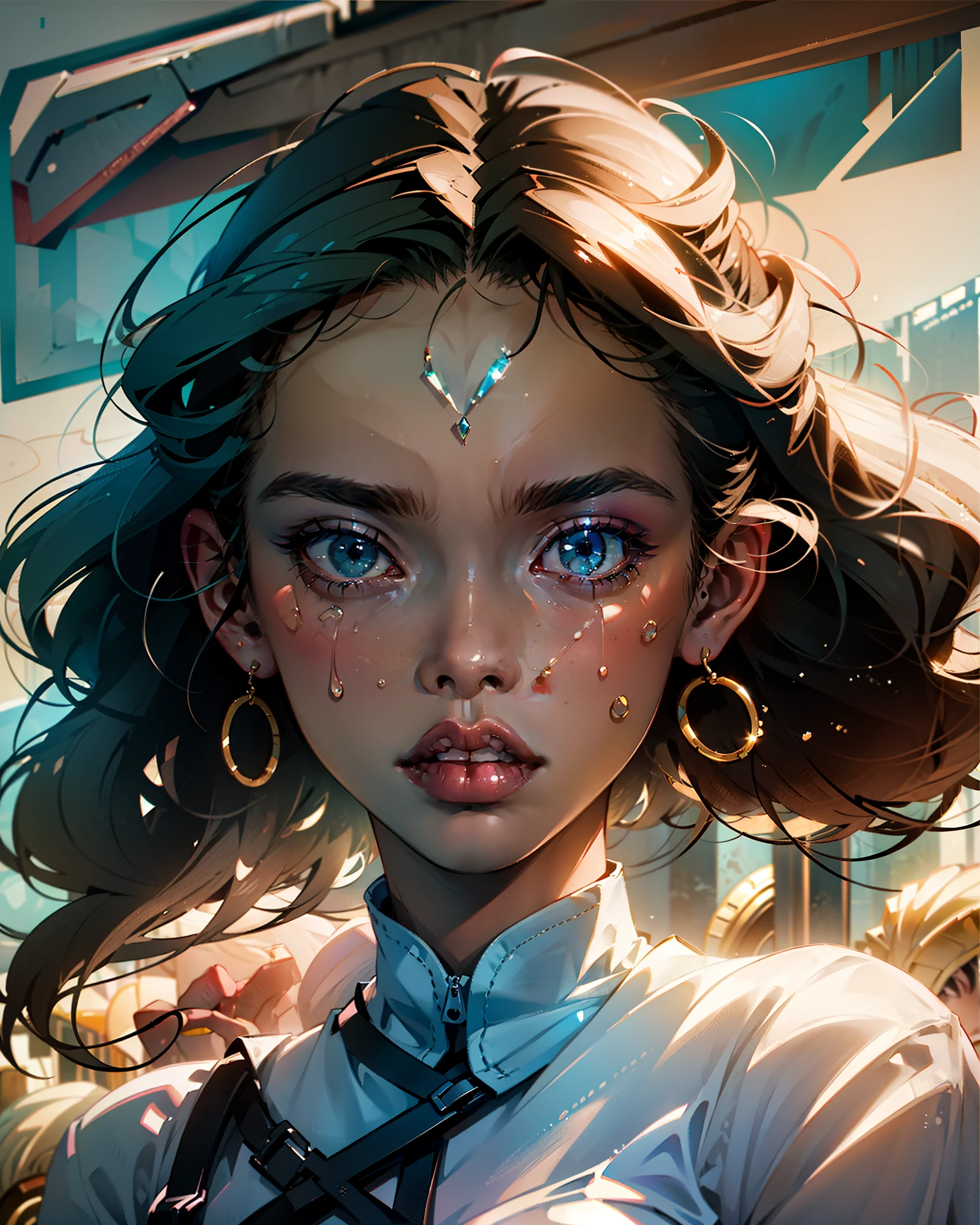 {Hyper realistic} {Real vision} "Sad, crying, African American girl, facial closeup, tears streaming down her face, dramatic scene, emotional, dramatic bright bloom lighting, showing pain in a visual masterpiece"|| ((Best quality)), ((masterpiece)), ((emotional))