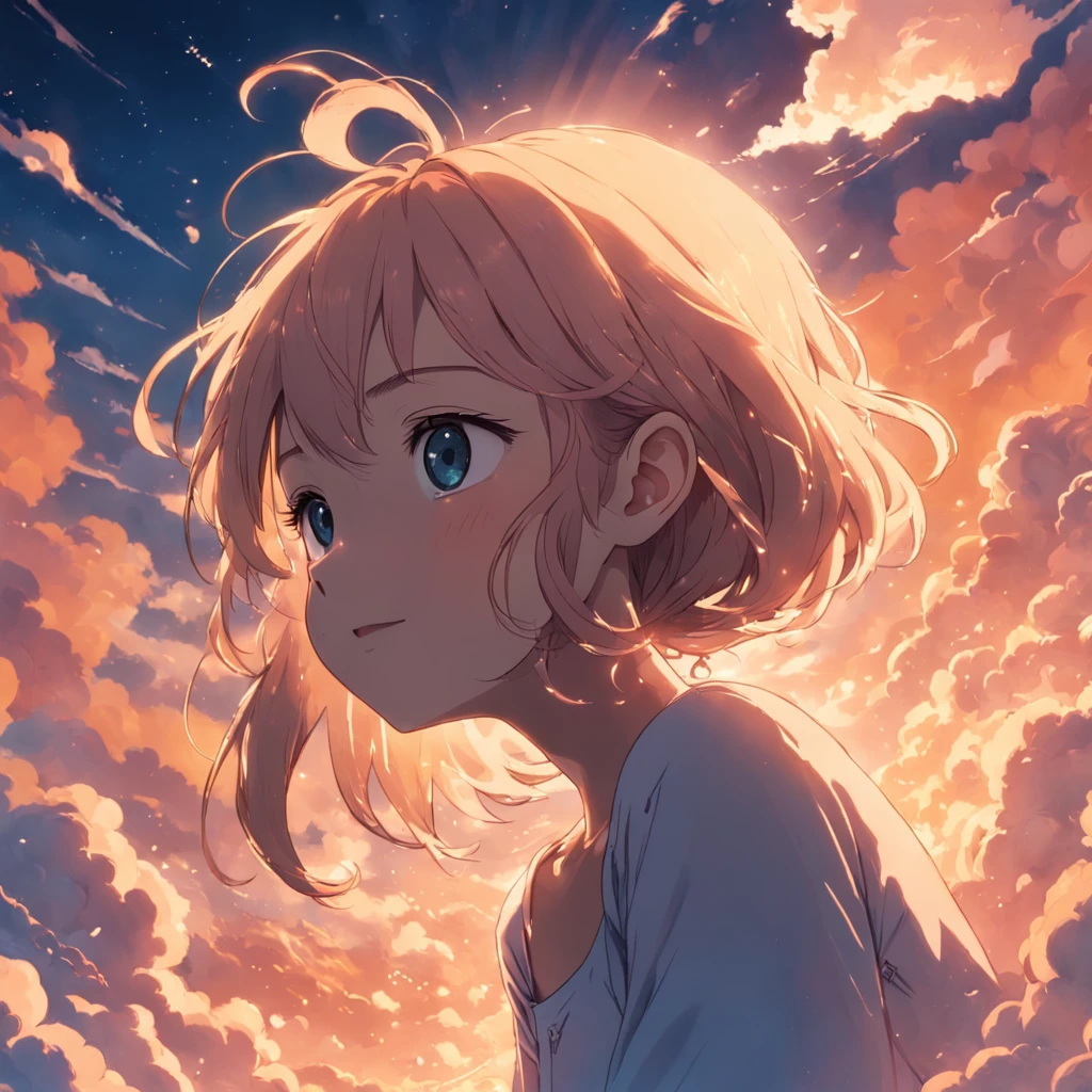 masterpiece, best quality, movie still, 1girl, cloud girl, floating in the sky, close-up, bright, happy, warm soft lighting, sunset, (sparks:0.7)