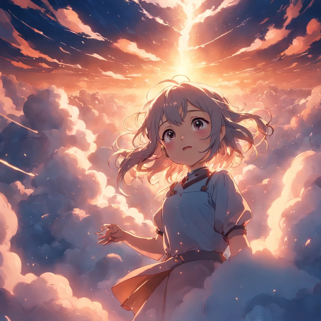 masterpiece, best quality, movie still, 1girl, cloud girl, floating in the sky, close-up, bright, happy, warm soft lighting, sunset, (sparks:0.7)