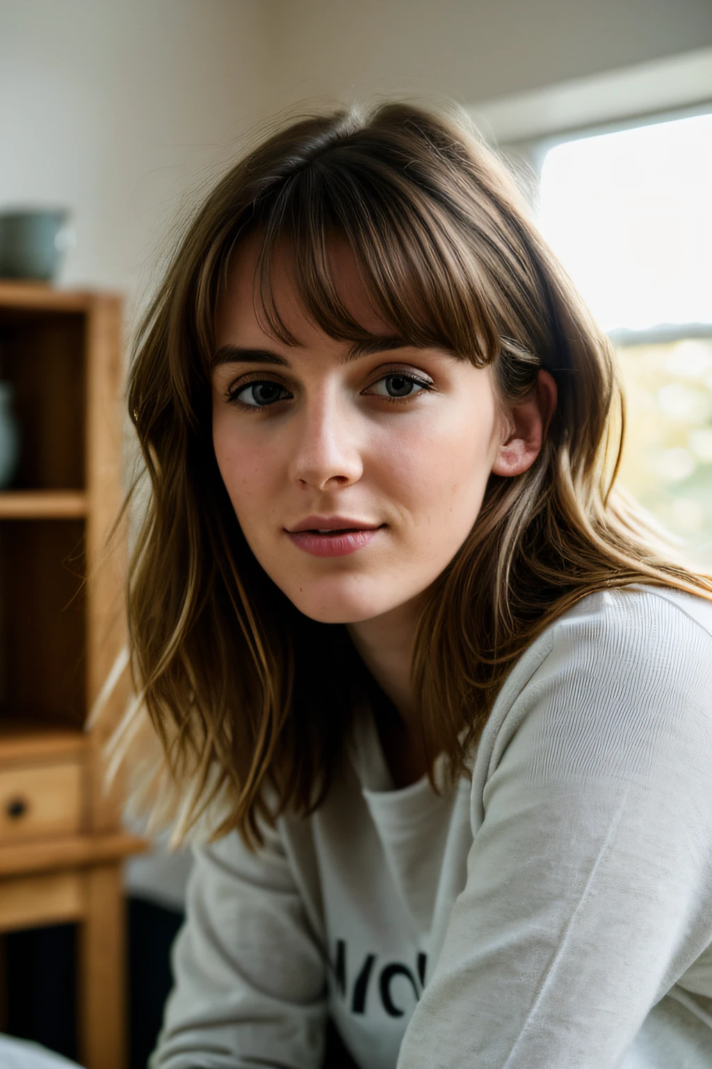 RAW photo, 24 year old Welsh woman, casual clothes, messy hair, slim build, at home, shallow depth of field, (high detail skin: 1.2), 8k uhd, DSLR, soft light, high quality, film grain, 20mp, Fuji XT3 , 80mm, Hasselblad
