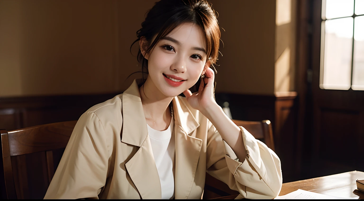 Draw the jacket correctly、left and right balance、(8K、Raw photography、top-quality、masuter piece:1.2)、ultra-detailliert、ultra res、(realisitic、rialistic photo:1.37)、portlate、high-definition RAW color photography、Professional Photography、highly detailed and beautiful、ighly detailed、8K Picture Wallpaper、amazing detailed、huge filesize、Official art、Highly detailed CG Unity 8K wallpapers、Smile with mouth closed