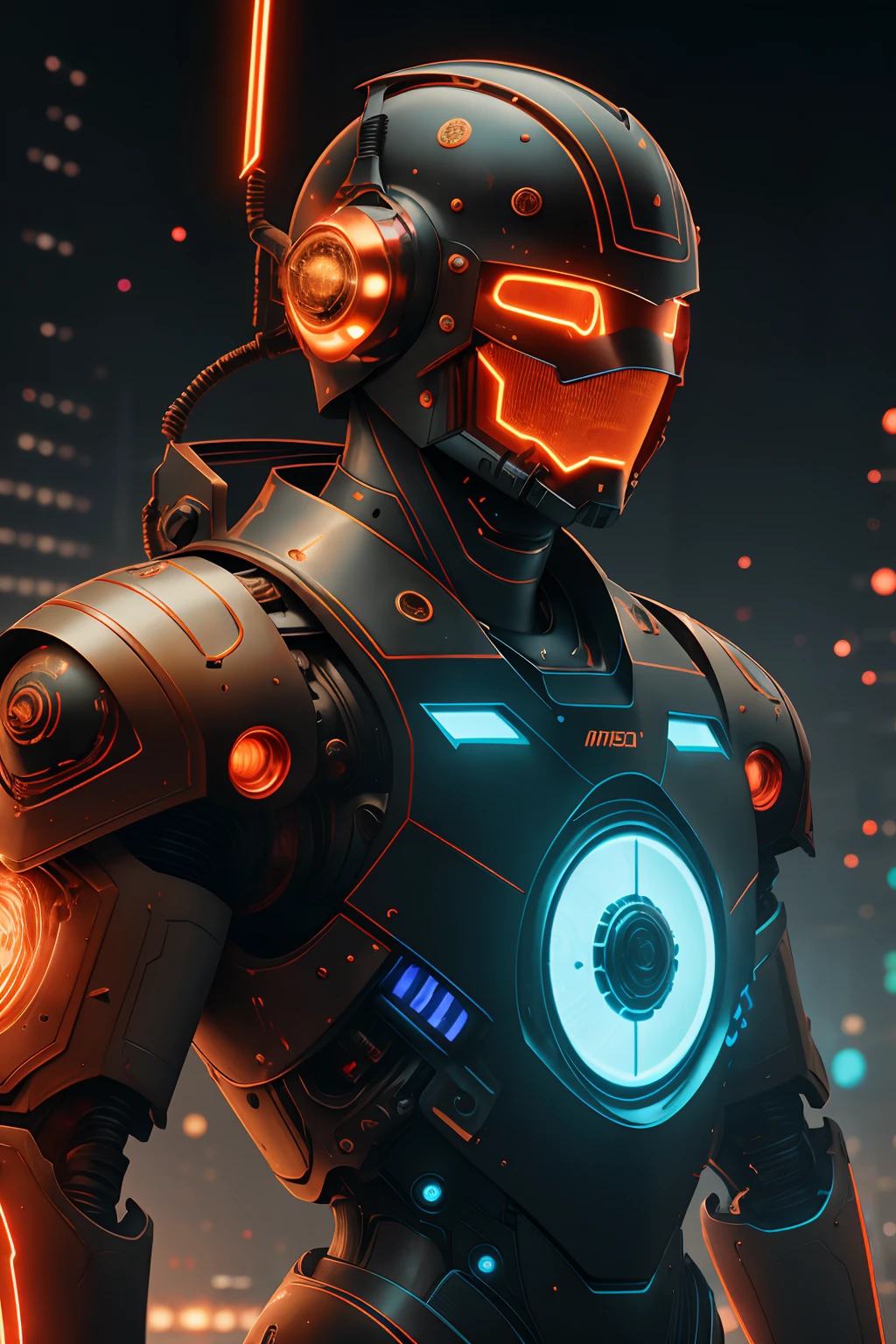 a close up of a mshn robot , futobot, cyborg ,  wearing  cyberhelmet glowing circle , battle armor, mshn factory, tubes connected to neck, neon light
photorealistic, masterpiece, best quality, 35mm film, film grains, cyberpunk,EbonyGoldAI