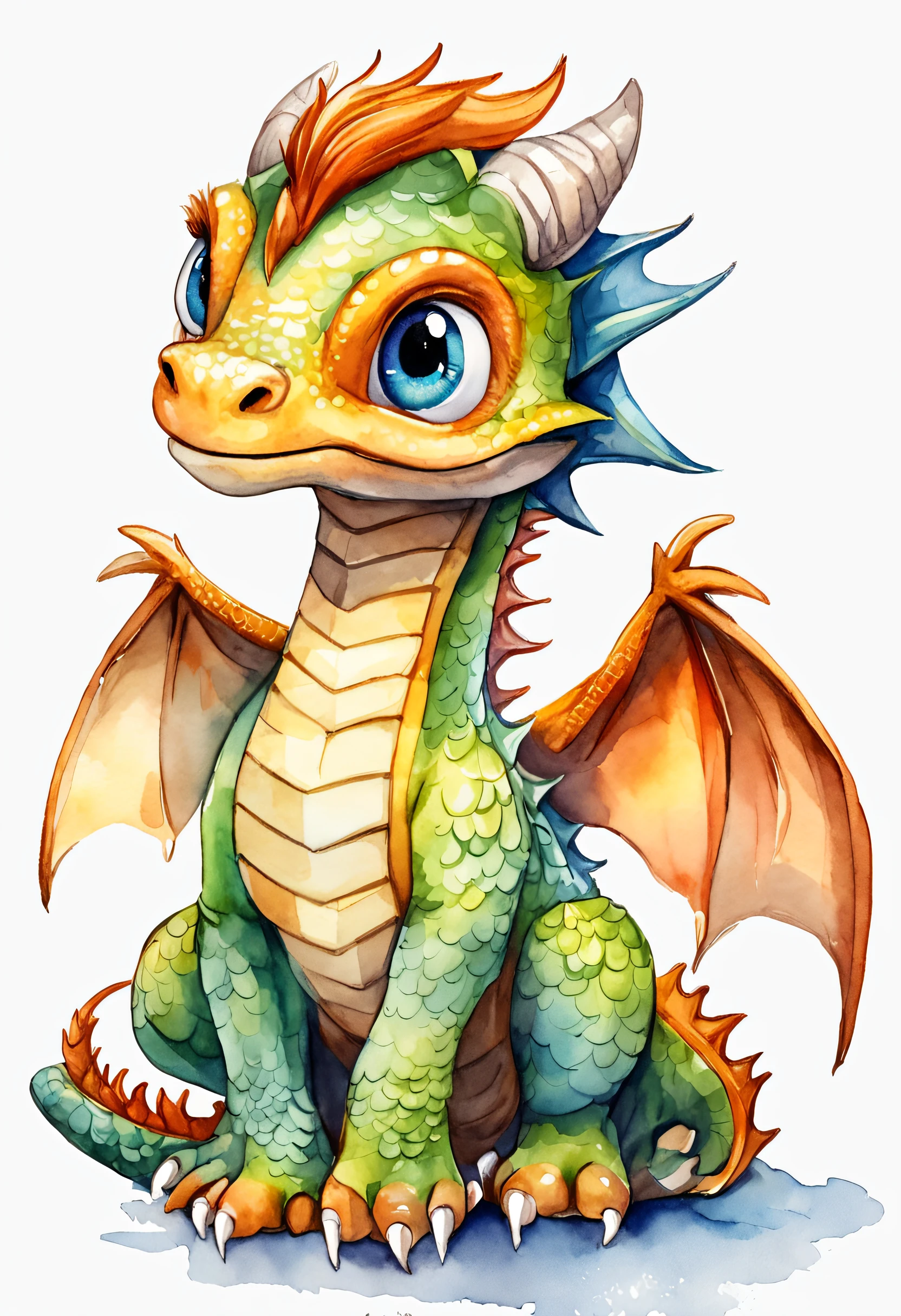 (cute little European Dragon:1.5),character design, sticker design, (cartoon:1.3),(chibi:1.2),(pixar style:1.2),(cute expression:1.1),(big eyes:1.1),(watercolor:1.1),(separated from white background:1.1)