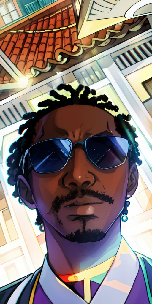 African man in a black leather jacket and sunglasses standing in front of a building, with a cool pose, stylish pose, mid shot portrait, casual pose, 80s style anime.