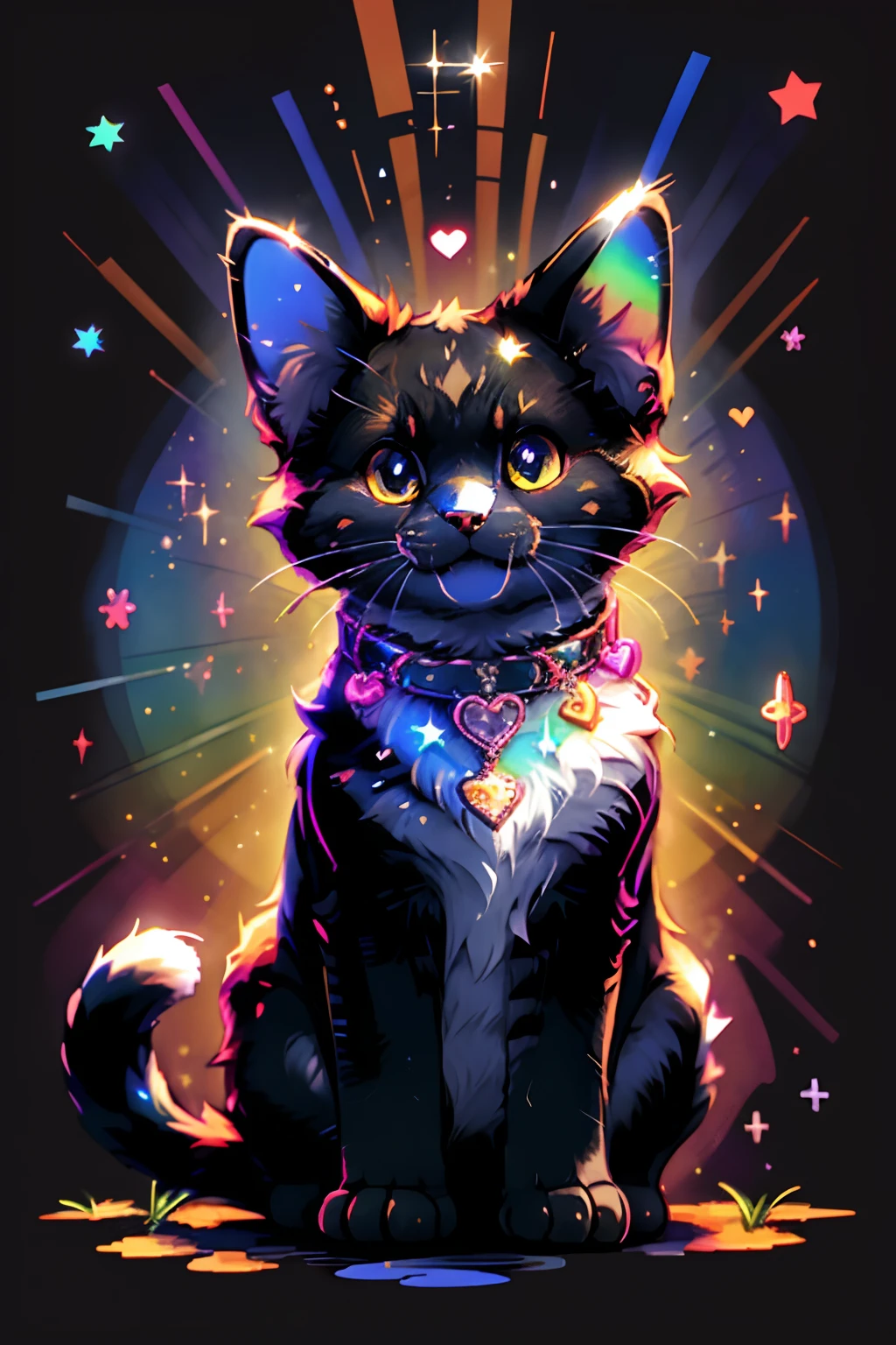Niji Pride, solo, smile, heart, star (symbol), collar, no humans, sparkle, fangs, looking up, cat, animal focus, sparkling eyes,