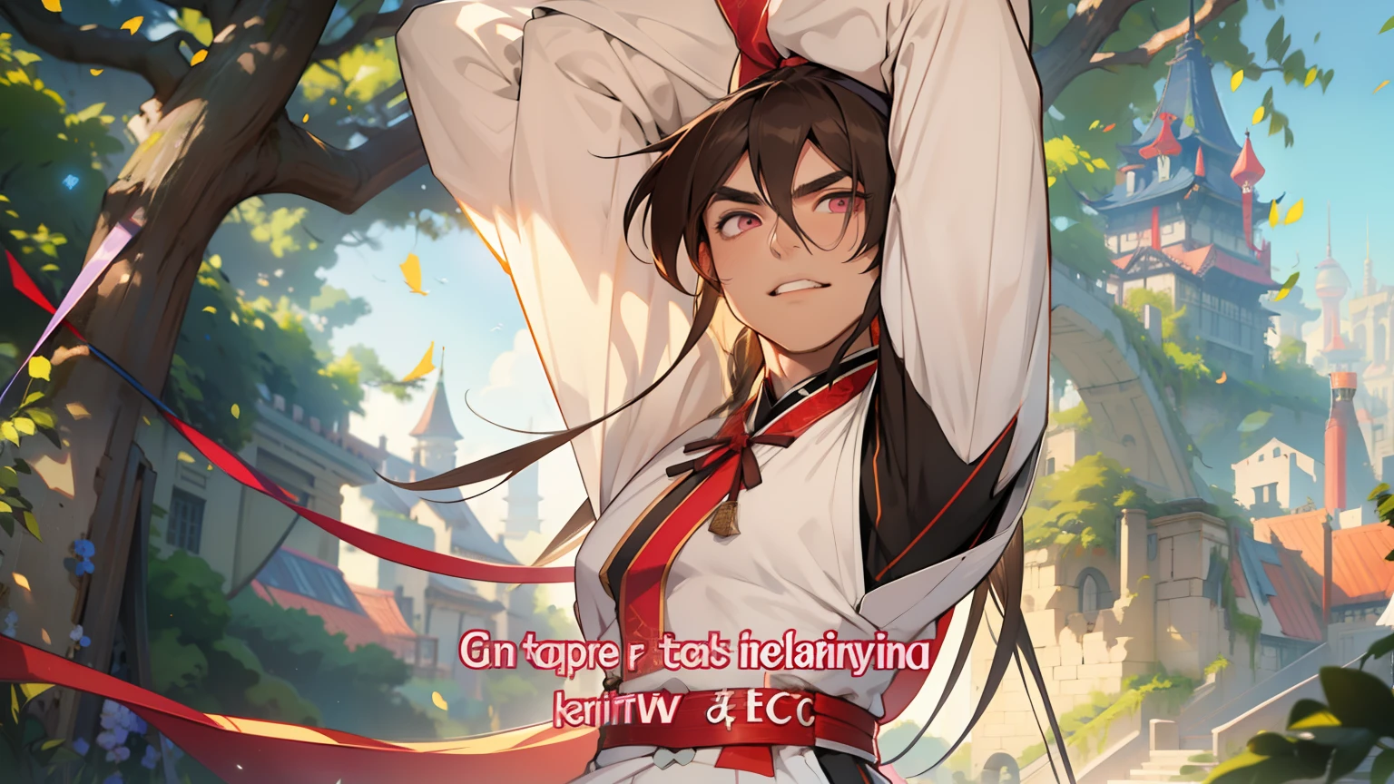 He is a young man with long brown hair that he keeps in a ponytail using a very long ribbon. His frontal hairs fall across his face as bangs and has two very long front strands that fall down to her robe. dark pink eyes, thick eyebrows, muscular man, 1 boy, young boy, handsome man, brave face, blue cheongsam and with half sleeves, white hood, sunny weather, Shanghai scenery, castle, squatting.