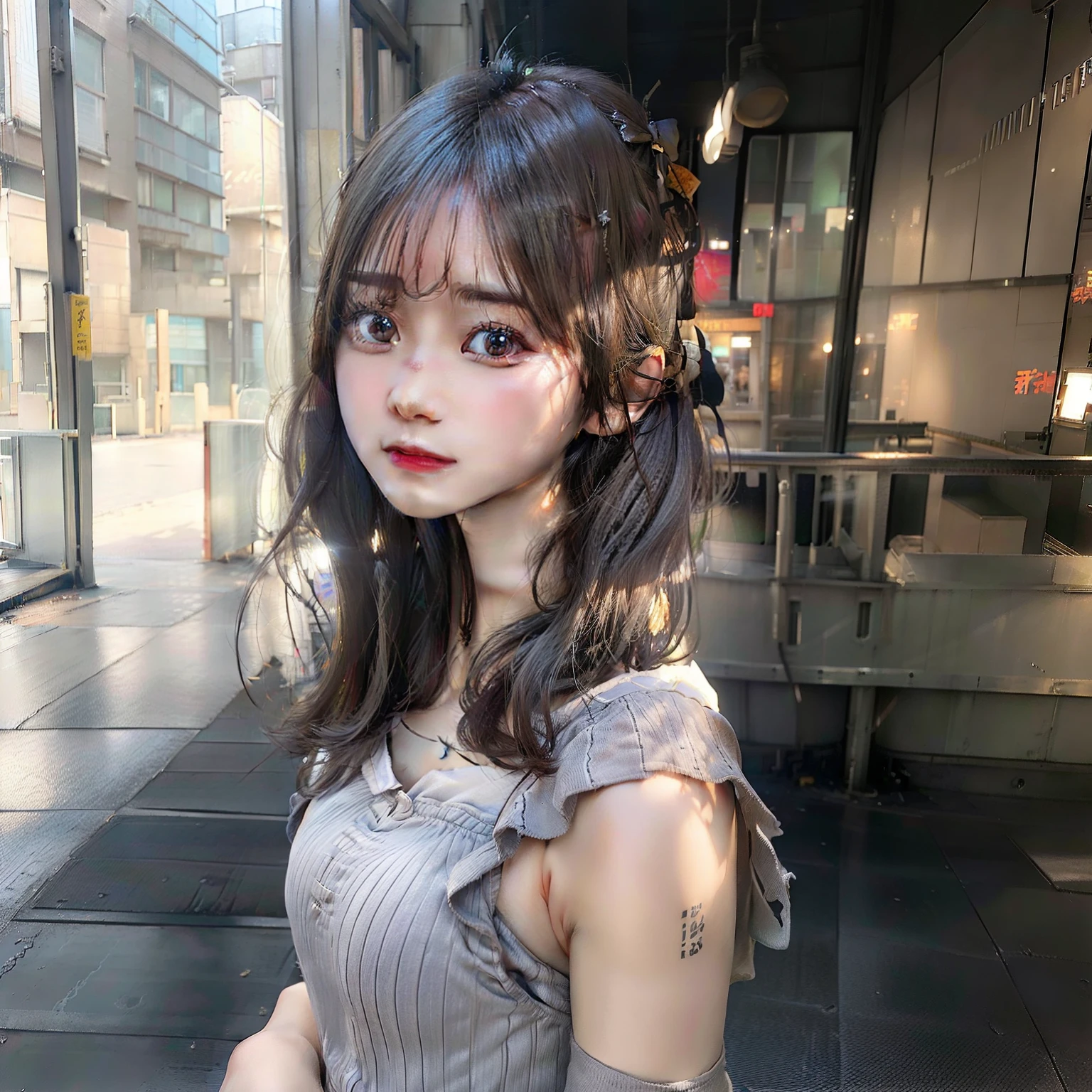 top-quality、超A high resolution、(Photorealsitic:1.4)、女の子1人、(faded ash gray hair:1)、(huge-breasted:1.2)、looking at viewert、a closeup、