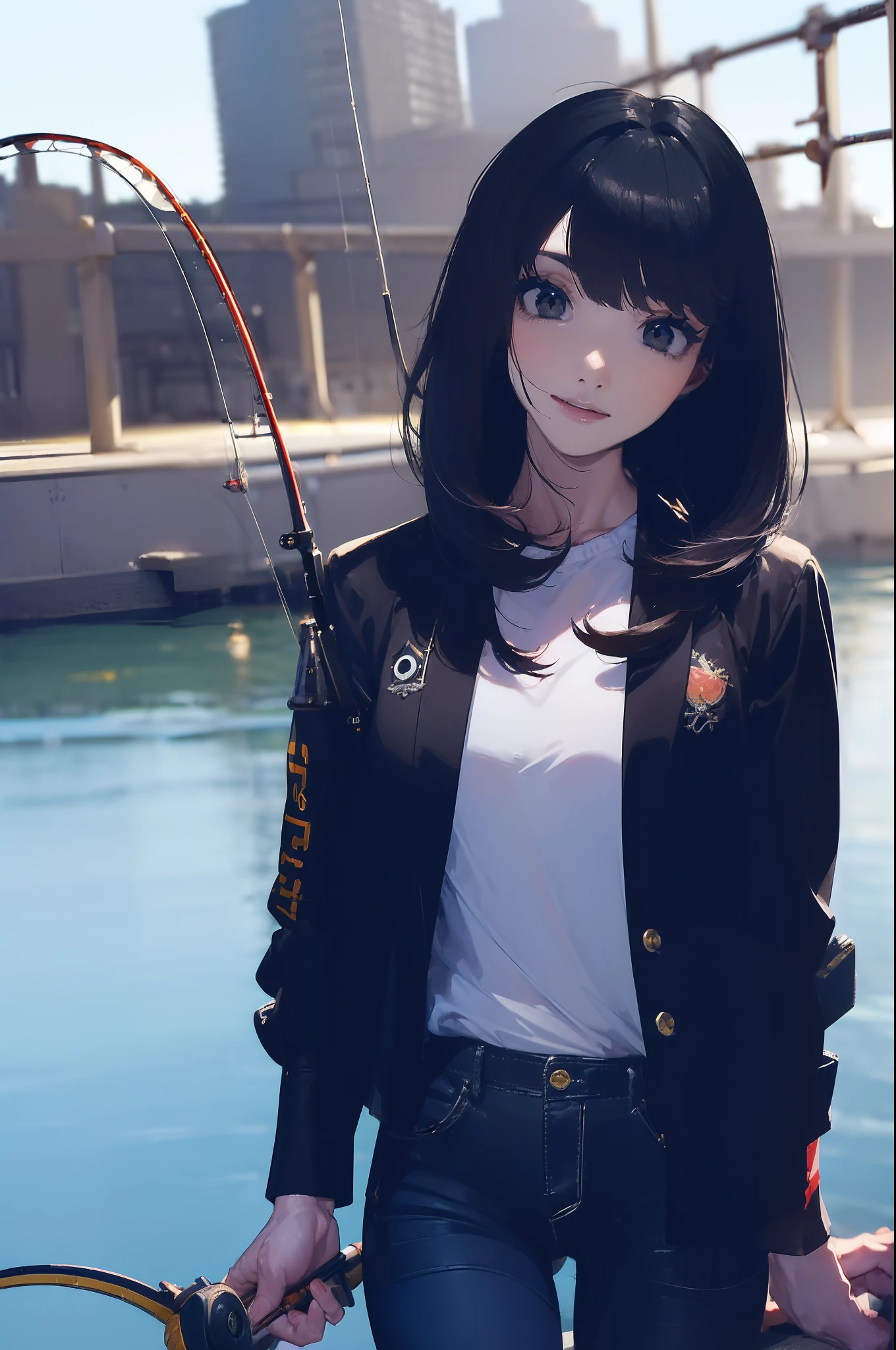 ((((having a fishing rod with a reel by the lakeside:1.5)))),((Female 28 years old)),((Best Quality:1.5)),(((Hands with the correct number and structure of fingers:1.4))),((Big fish:1.37)),hight resolution,ultra-detailliert,​masterpiece,best qualtiy,(Eight-headed body),Black hair, long eyes-lashes, Solid Circle Eyes, drop shadow, Atmospheric perspective,Super Detail, ccurate, small brest,(Black jacket and black jeans :1.1),top-quality, blurry backround, bokeh dof:1.2, (​masterpiece:1.3),  Atmospheric perspective,Super Detail,dynamic compositions,