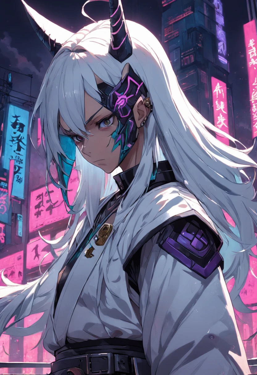 The character has to possess an oni mask on his face. ((melhor qualidade)), ((obra-prima)), (altamente detalhado:1.3), (Cyberpunk:1.6) (prince\\(Indifferent expression\\),((((Dramatic))), (((corajoso))), (((intenso))) , (melhor qualidade), (obra-prima), (altamente detalhado:1.3), (Cyberpunk:1.6) (prince\\(Indifferent expression\\),(Dramatic), (corajoso), (intenso) , Create a prince-like female character in a cyberpunk world, of emphasis on his eyes with the white color Byakugan style, The image should be in the style of the heavy metal album cover, com tempestade de raios ao fundo, foco na qualidade da imagem