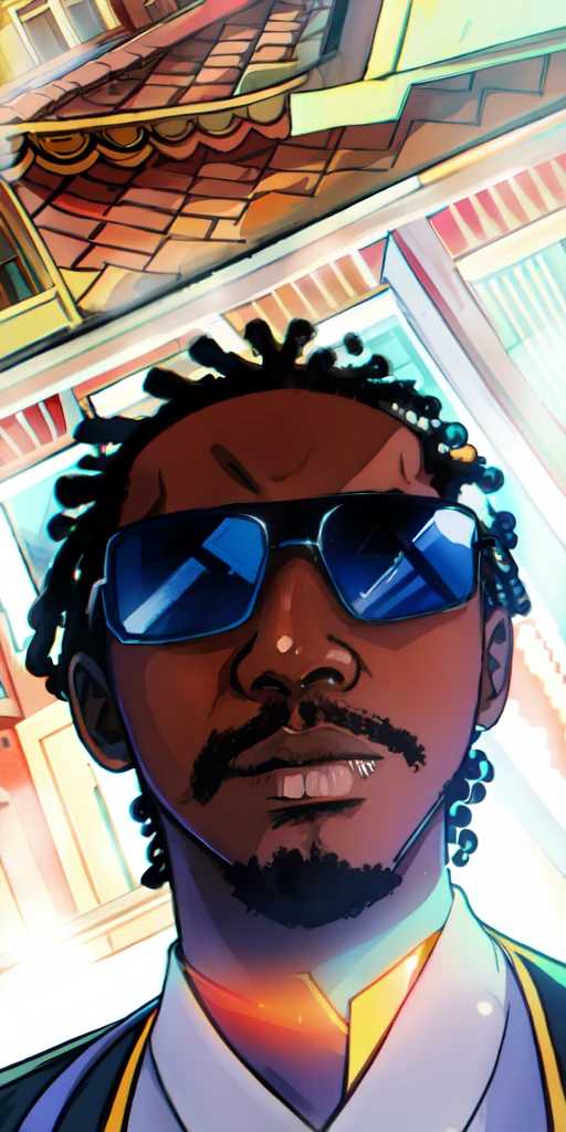 African man in a black leather jacket and sunglasses standing in front of a building, with a cool pose, stylish pose, mid shot portrait, casual pose, 80s style anime.