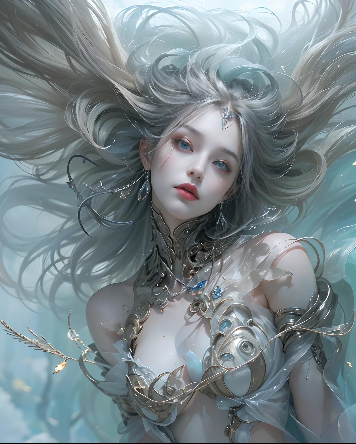 ((top-quality))、((​masterpiece))、(detaileds)、Enchanting Angel、Beautiful angel in the night sky、Fantastic beauty、Perching on the clouds、(fantasy illustrations:1.3)、a captivating gaze、Pose Seductive、Delicate wings、Otherworldly charm、mystical sky、 (By Luis Royo:1.2)、(Yoshitaka Amano:1.1)、Moon Night、Soft colors、(detailed cloudscape:1.3)、(hight resolution:1.2)Complex 3d rendering ultra detailed beautiful porcelain profile female android face、cyborgs、roboticparts、150mm、Beautiful studio soft lights、Rim Light、Vivid details、luxuriouscyberpunk、Ren Hao、surrealistic、Anatomical、face muscles、cable electric wires、microchips、elegent、beatiful backgrounds、Big Red Full Moon、octan render、HR Giger Style、8K、top-quality、​masterpiece、illustratio、extremely delicate and beautiful、A highly detailed、nffsw、unification、wall-paper、（realisitic、Photorealsitic：1.37）、magnifica、Finely detailed、​masterpiece、top-quality、Official art、Highly detailed ticker Unity 8K wallpapers、absurderes、incredibly absurdness、机器人、Silver Halmet、full body Esbian、sitting on、the skin is white, Transparent and beautiful、The viewer is the viewer's gaze、