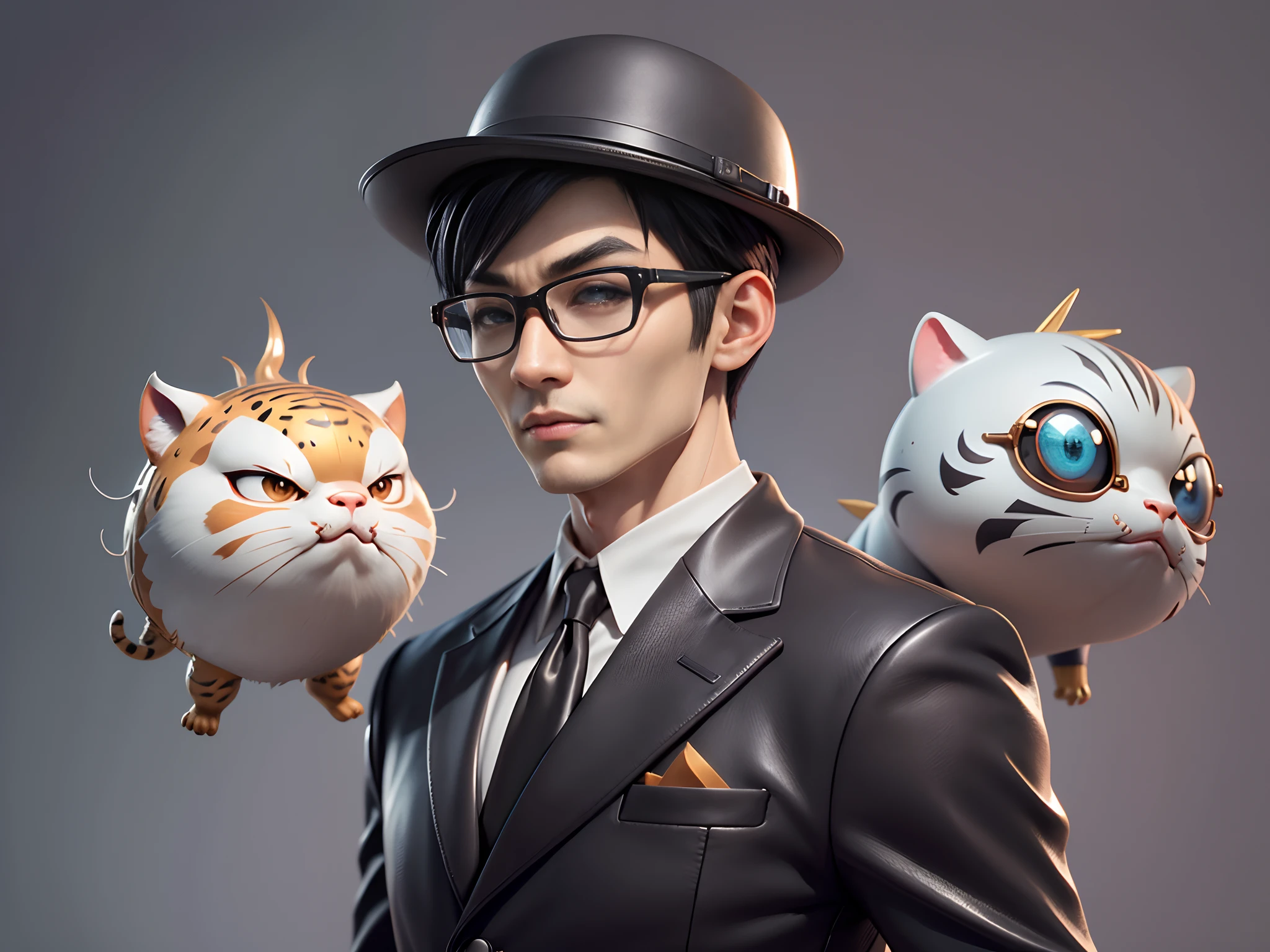 Young man with oriental face in leather hat, tiger, oriental face in formal suit, short black hair, silver glasses, digital painting, 3D character design by Mark Clairedon and Pixar and Hayao Miyazaki and Akira Toriyama, the illustration is a high-definition illustration in 4K resolution with very detailed facial features and cartoon-style visuals.