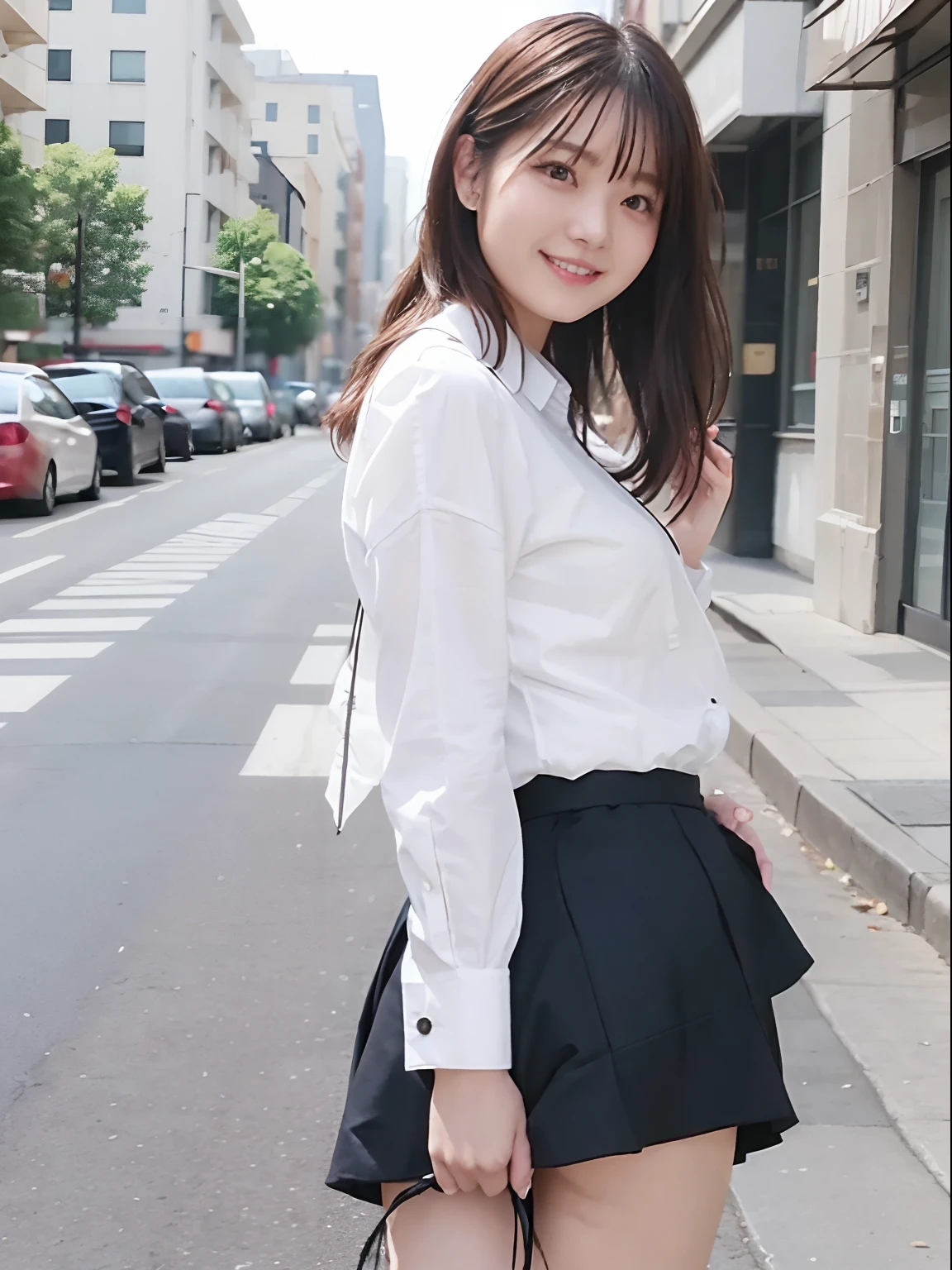 masutepiece, Best Quality, High-precision beauty, Beautiful face woman bent over street showing buttocks, Wear a formal skirt:1.1, with a beautifull smile, Beautiful face, Long hair, unlaced, No Underwear, No panties, Beautiful , Street,