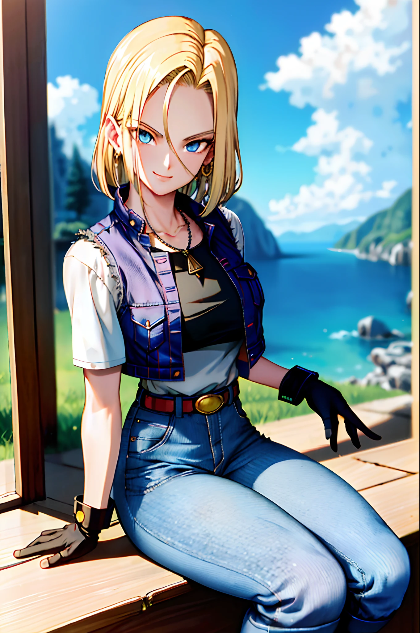 masterpiece, best quality, ultra-detailed, absurdres, Portrait of beautiful Android18DB, solo, earrings, jewelry, denim, smile, belt, vest, cloud, sky, day, pants, outdoors, gloves, necklace, jeans, rock, sitting, sitting_on_rock, volumetric lighting, best quality, masterpiece, intricate details, tonemapping, sharp focus, hyper detailed, trending on Artstation, big boobs, slim body