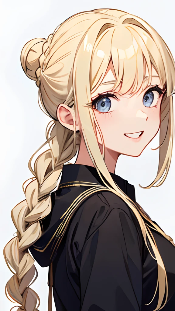 Hair in a bun、Girl in braids,Blonde hair,,Pretty face,Sheer eyes,Laughing,cowboy shot(No hats:1.2)