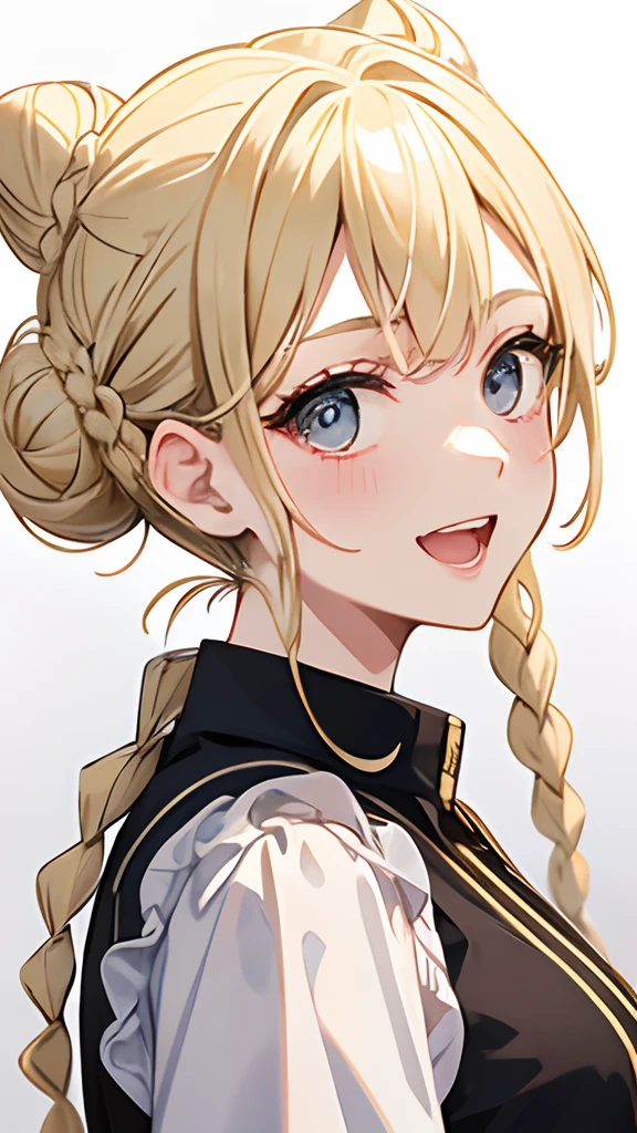 Hair in a bun、Girl in braids,Blonde hair,,Pretty face,Sheer eyes,Laughing,cowboy shot(No hats:1.2)