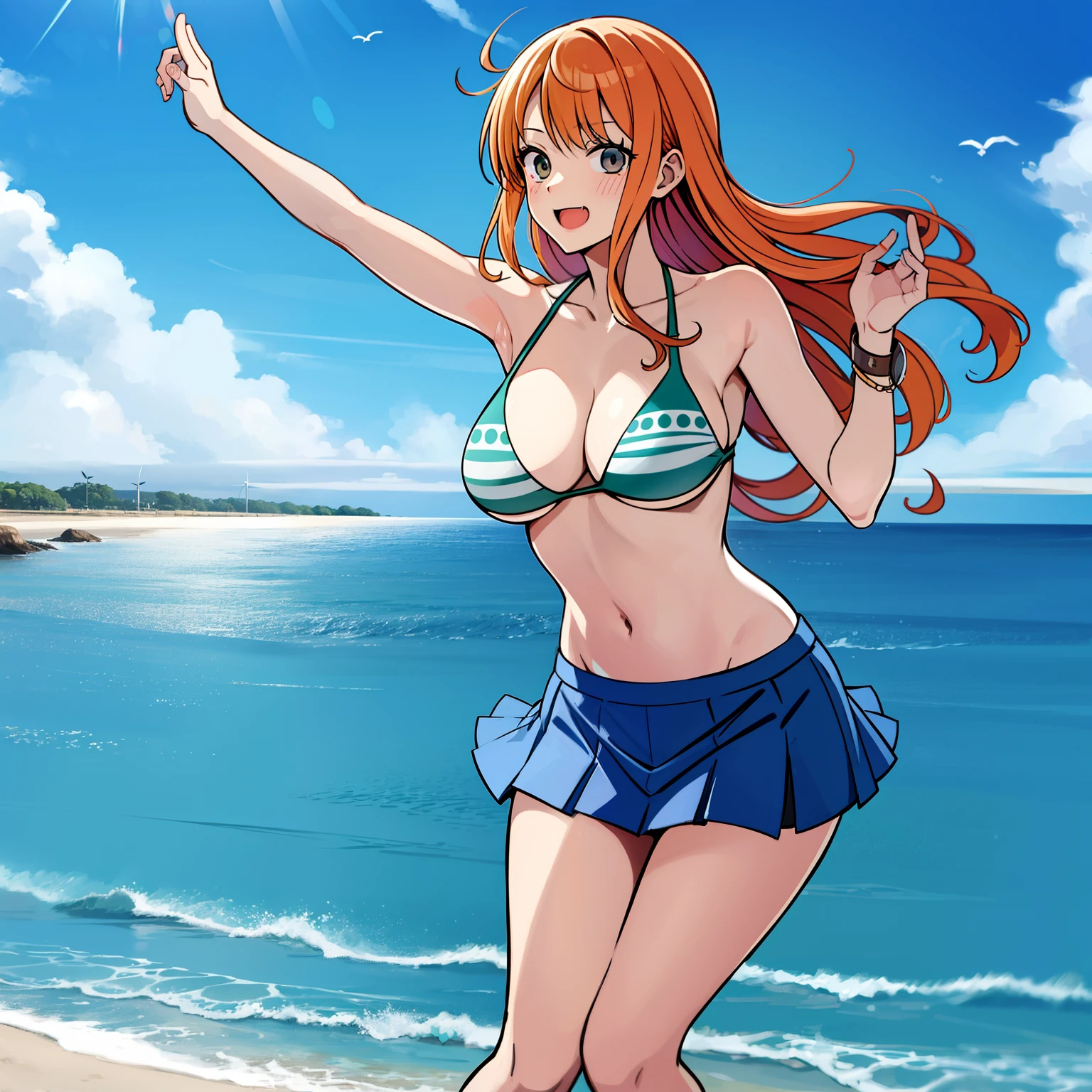 Nami von one peace, original Gesicht von Namit von one peace, am Strand. Sitzt lachend auf einem Stein, im Hintergrund ist das Meer, die Haare werden vom wind verweht, she wears only a bikini top and a short skirt,