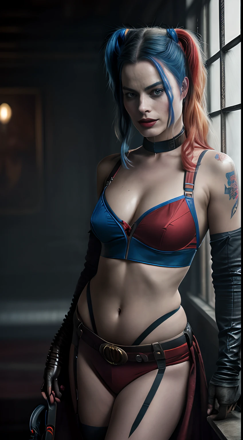 Margot Robbie as Harley Quinn, red and blue hair, Or, décolleté, hourglass figure, (((in full height))), Complex, Detailed, Including cinema, 8K, 电影灯光, beste-Qualit, hight resolution, Detailed work, Post-production , ((in full height)), Perfect result, portraite of a, Professional sinister concept art by Artgerm and Greg Rutkowski, an intricate, (((hyper-detailing, superdetail, finely detail, megapixel)))