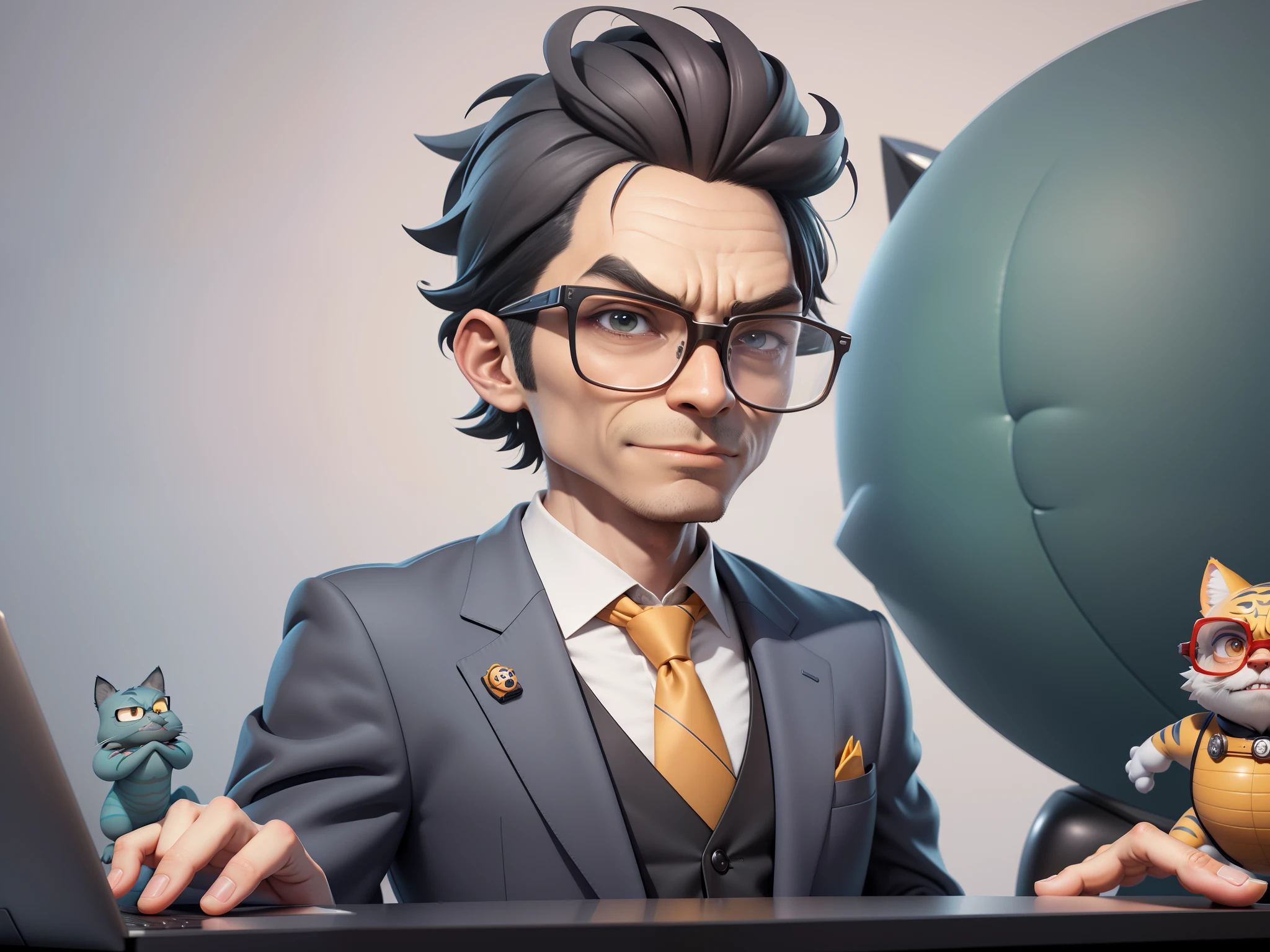 A young man in a suit, Short hair and glasses sat at his desk,holding laptop,digitial painting,tigre,3D character design by Mark Clairen and Pixar and Hayao Miyazaki and Akira Toriyama,4K HD illustration,Very detailed facial features and cartoon-style visuals。