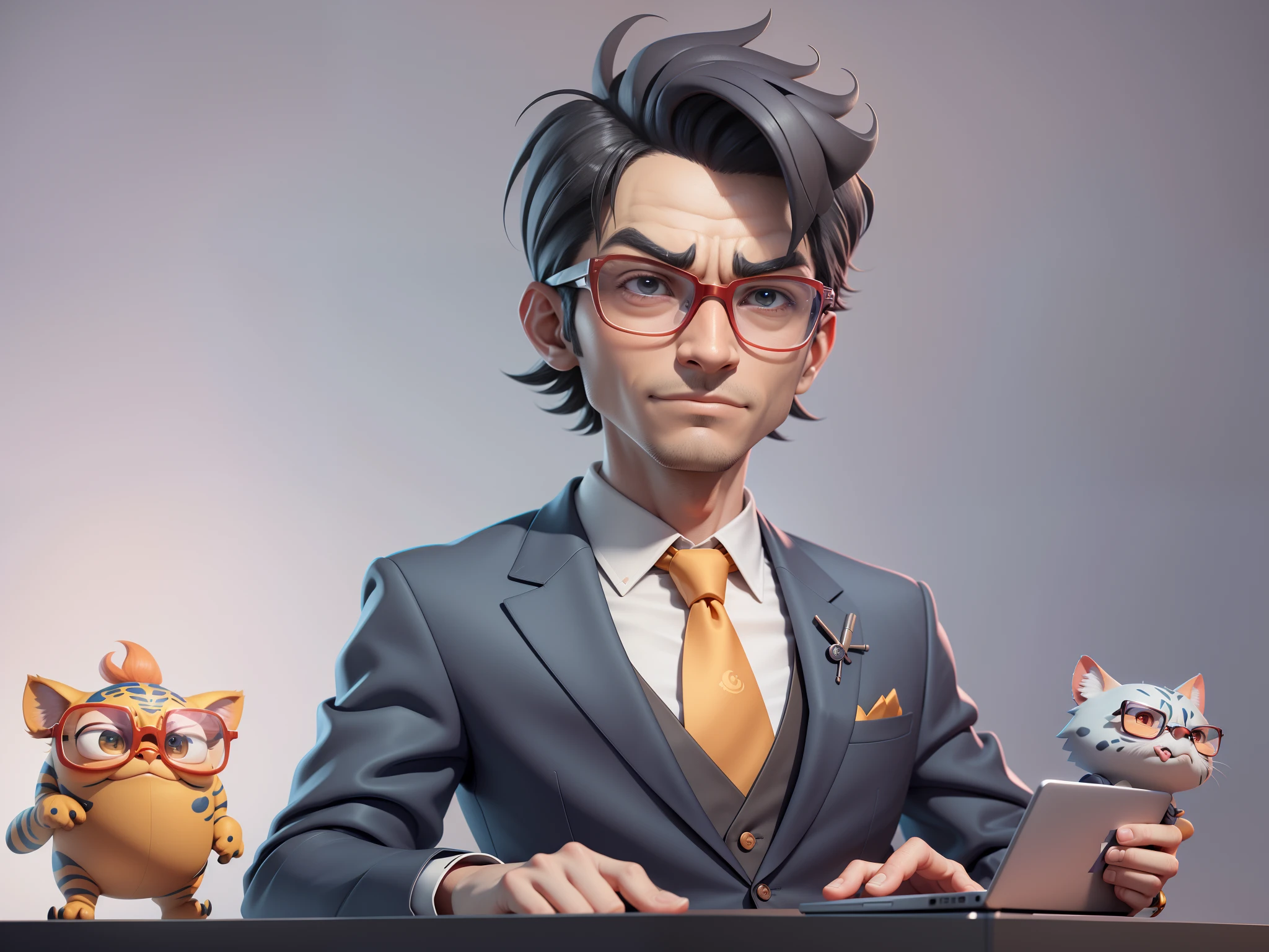 A young man in a suit, Short hair and glasses sat at his desk，holding laptop，digitial painting，tigre，3D character design by Mark Clairen and Pixar and Hayao Miyazaki and Akira Toriyama，4K HD illustration，Very detailed facial features and cartoon-style visuals。