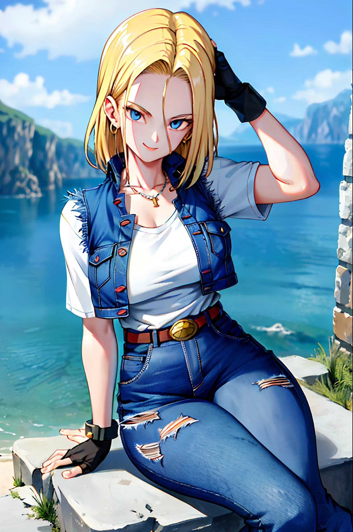 masterpiece, best quality, ultra-detailed, absurdres, Portrait of beautiful Android18DB, solo, earrings, jewelry, denim, smile, belt, vest, cloud, sky, day, pants, outdoors, gloves, necklace, jeans, rock, sitting, sitting_on_rock, volumetric lighting, best quality, masterpiece, intricate details, tonemapping, sharp focus, hyper detailed, trending on Artstation, damaged clothes, large boobs, slim body, good anatomy, big butt and curves,