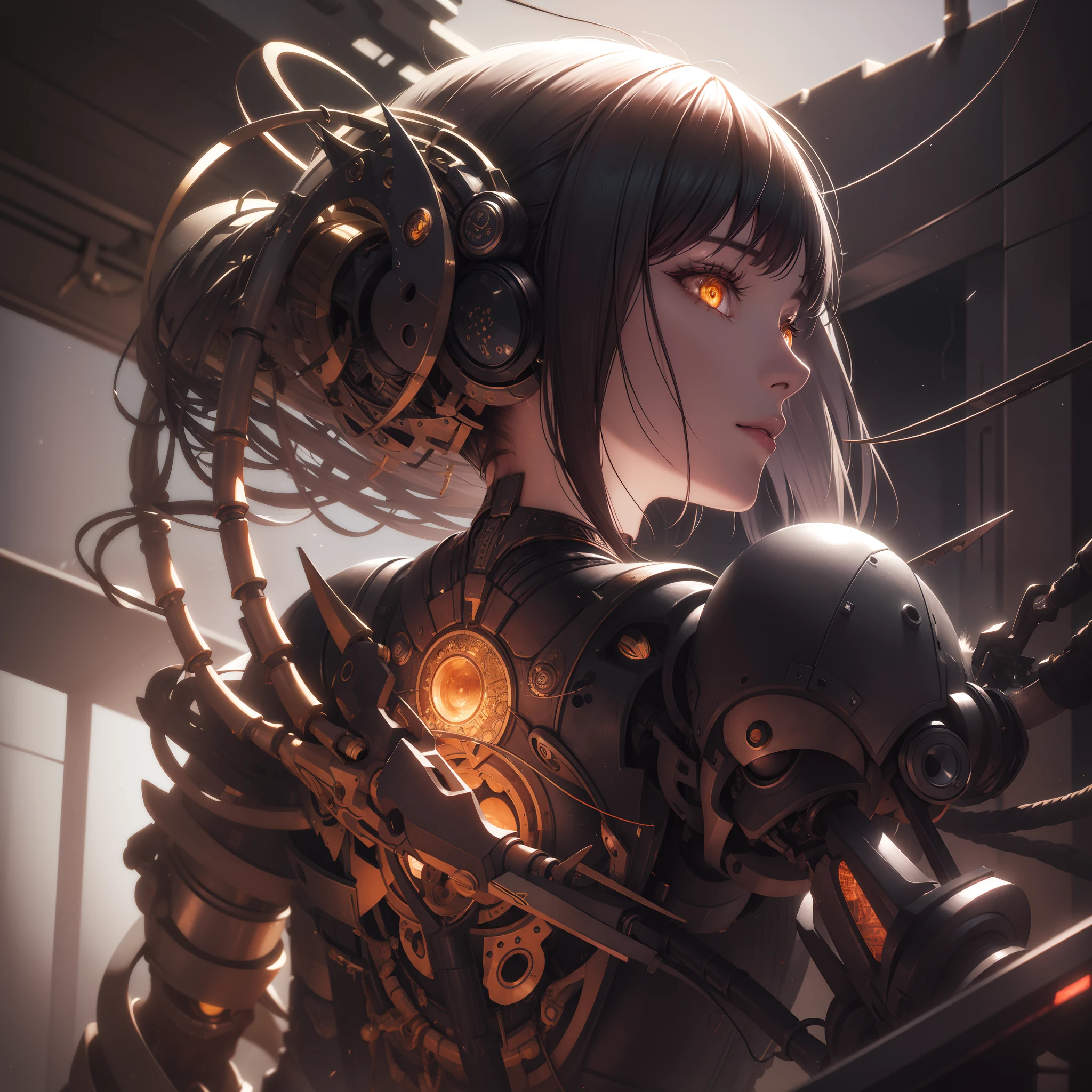 (((masterpiece))), ((highest quality)), (Super Detail), (CG illustration), (So evil and beautiful)), Cinematic Light, ((1. Mechanical Girl)), single, (Mechanical Arts: 1.4), ((Mechanical Limbs)), (Blood vessel attached to a tube), ((Mechanical spine attached to the back)), ((Mechanical cervical vertebrae attached to the neck), (Back to viewers)), Expressionless, ( Wires and cables connected to the head and torso: 1.5), SF, Apocalypse, What's left behind, (Lower body integrated with mechanical device), (Blood: 1.5), Cruelty, Confused, eroticism, Integration with machines, The End Times, Super Future, inorganic, Research Room, constrained, (Beautiful luxury: 1.2), (1 girl: 1.3), Body wrapped around the tentacles of a machine、The lower body is mechanical