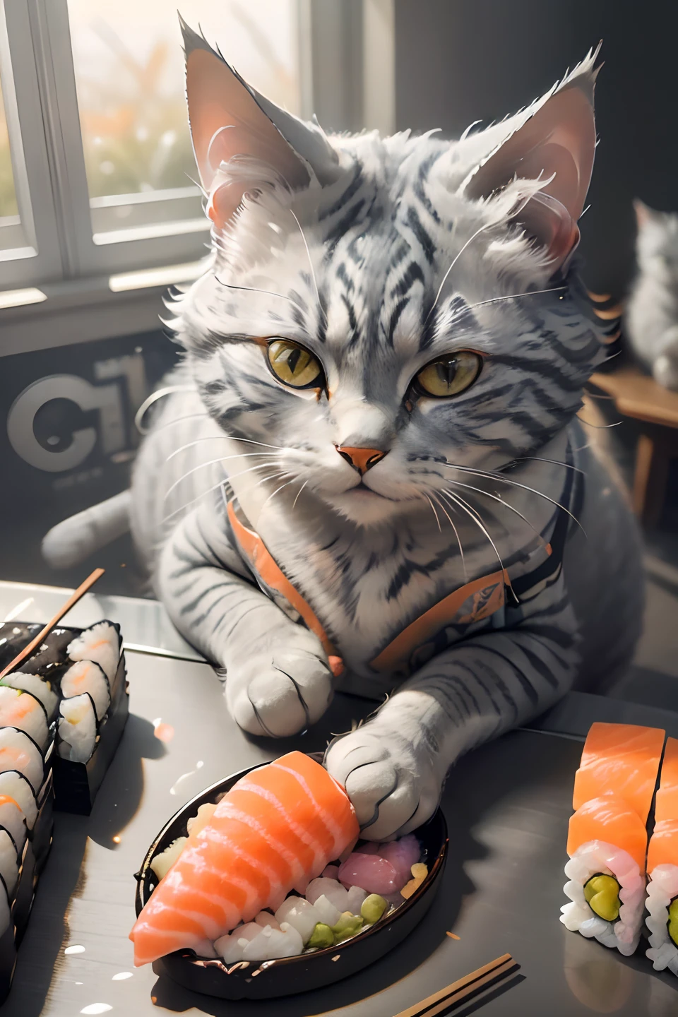 close-up photography of (grey tabby cat is preparing sushi on the table:1.2), (c4ttitude:1.3), in glasstech kitchen, hyper realistic, intricate detail, (foggy:1.1), pov from below