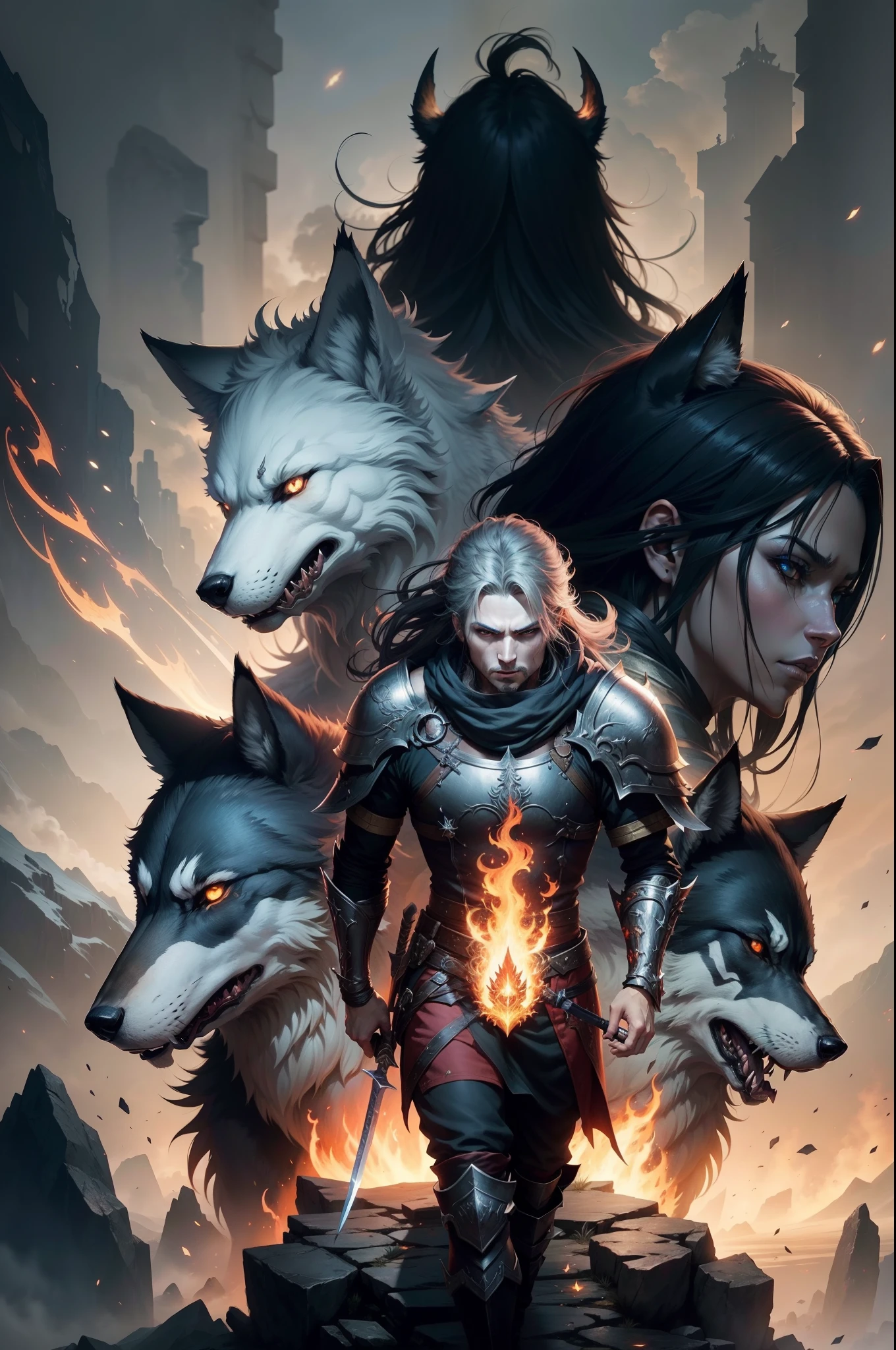 anime characters with swords and fire in front of a wolf, concept art inspired by Aleksi Briclot, Artstation contest winner, fantasy art, final fantasy fan art, rpg artwork, epic fantasy digital art style, epic fantasy art style, epic fantasy style art, anime epic artwork, epic rpg artwork, rpg art, anime in fantasy style