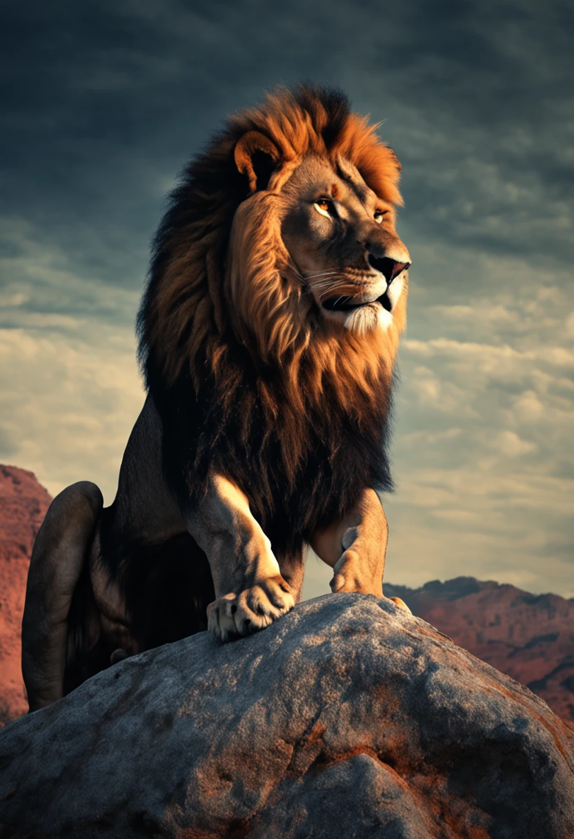 Lion on top of rock half dark evil face.