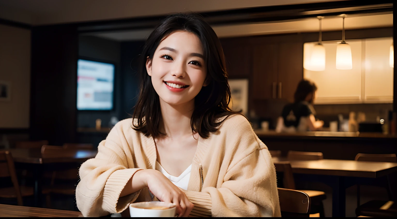 Draw the jacket correctly、left and right balance、(8K、Raw photography、top-quality、masuter piece:1.2)、ultra-detailliert、ultra res、(realisitic、rialistic photo:1.37)、portlate、high-definition RAW color photography、Professional Photography、highly detailed and beautiful、ighly detailed、8K Picture Wallpaper、amazing detailed、huge filesize、Official art、Highly detailed CG Unity 8K wallpapers、Smile with mouth closed、cafes