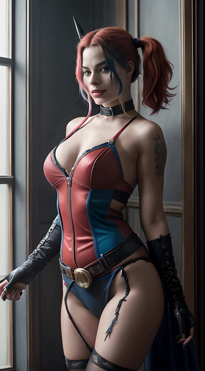 Margot Robbie as Harley Quinn, red and blue hair, Or, décolleté, hourglass figure, (((in full height))), Complex, Detailed, Including cinema, 8K, 电影灯光, beste-Qualit, hight resolution, Detailed work, Post-production , ((in full height)), Perfect result, portraite of a, Professional sinister concept art by Artgerm and Greg Rutkowski, an intricate, (((hyper-detailing, superdetail, finely detail, megapixel)))